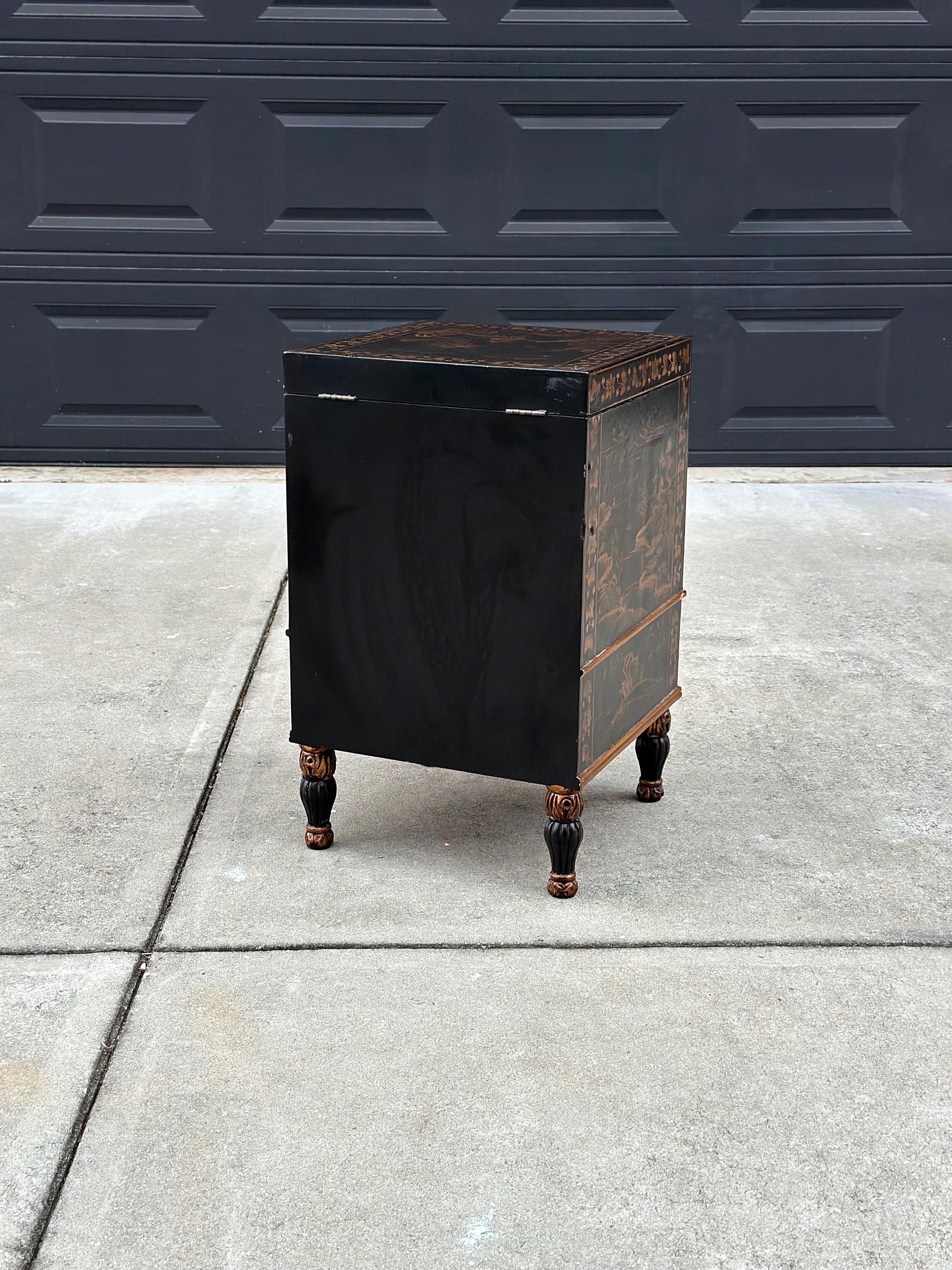 Antique Mid 1900's Oriental Black & Gold Hand Painted Lift Top Table with Drawer