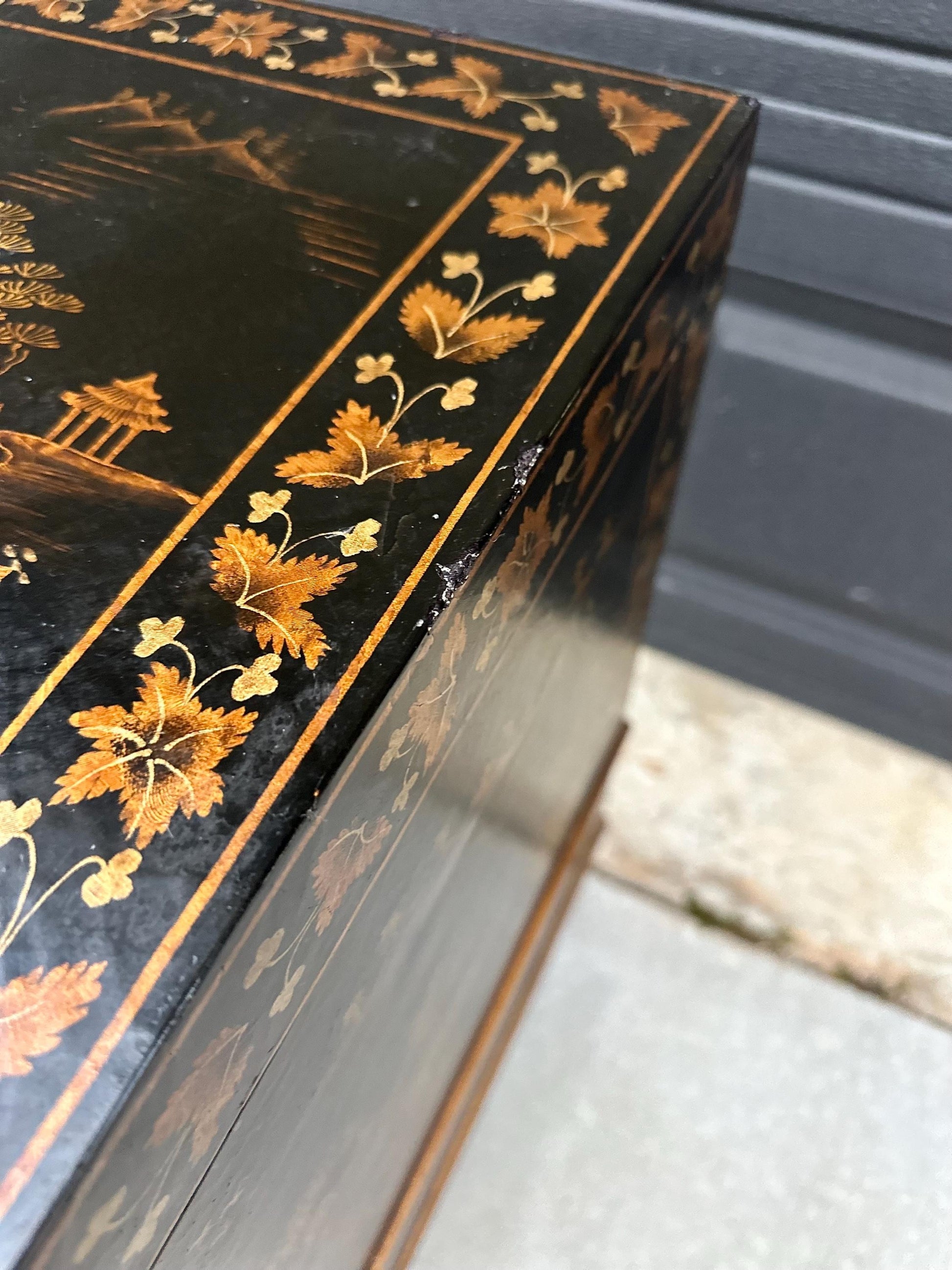 Antique Mid 1900's Oriental Black & Gold Hand Painted Lift Top Table with Drawer