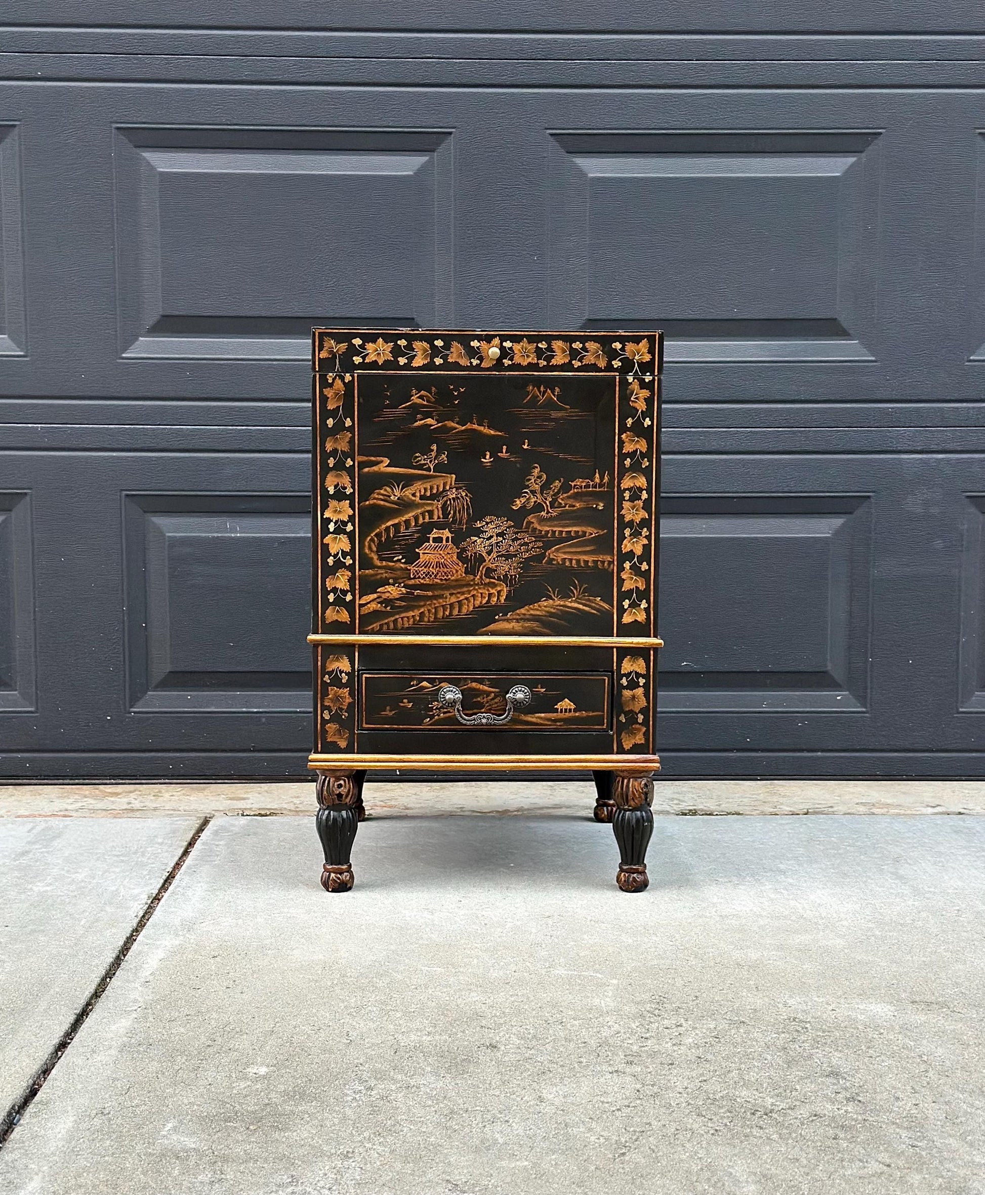 Antique Mid 1900's Oriental Black & Gold Hand Painted Lift Top Table with Drawer