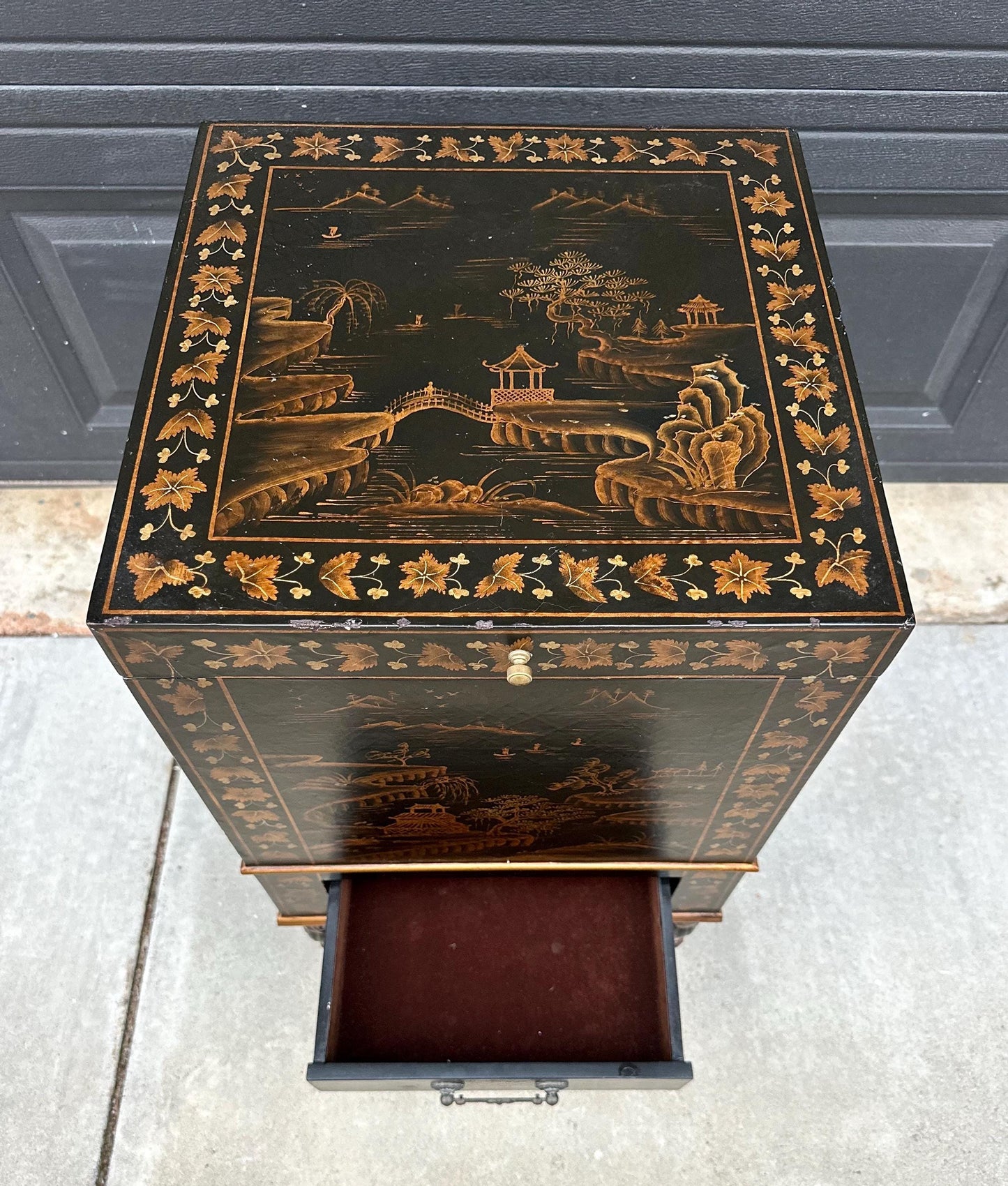 Antique Mid 1900's Oriental Black & Gold Hand Painted Lift Top Table with Drawer