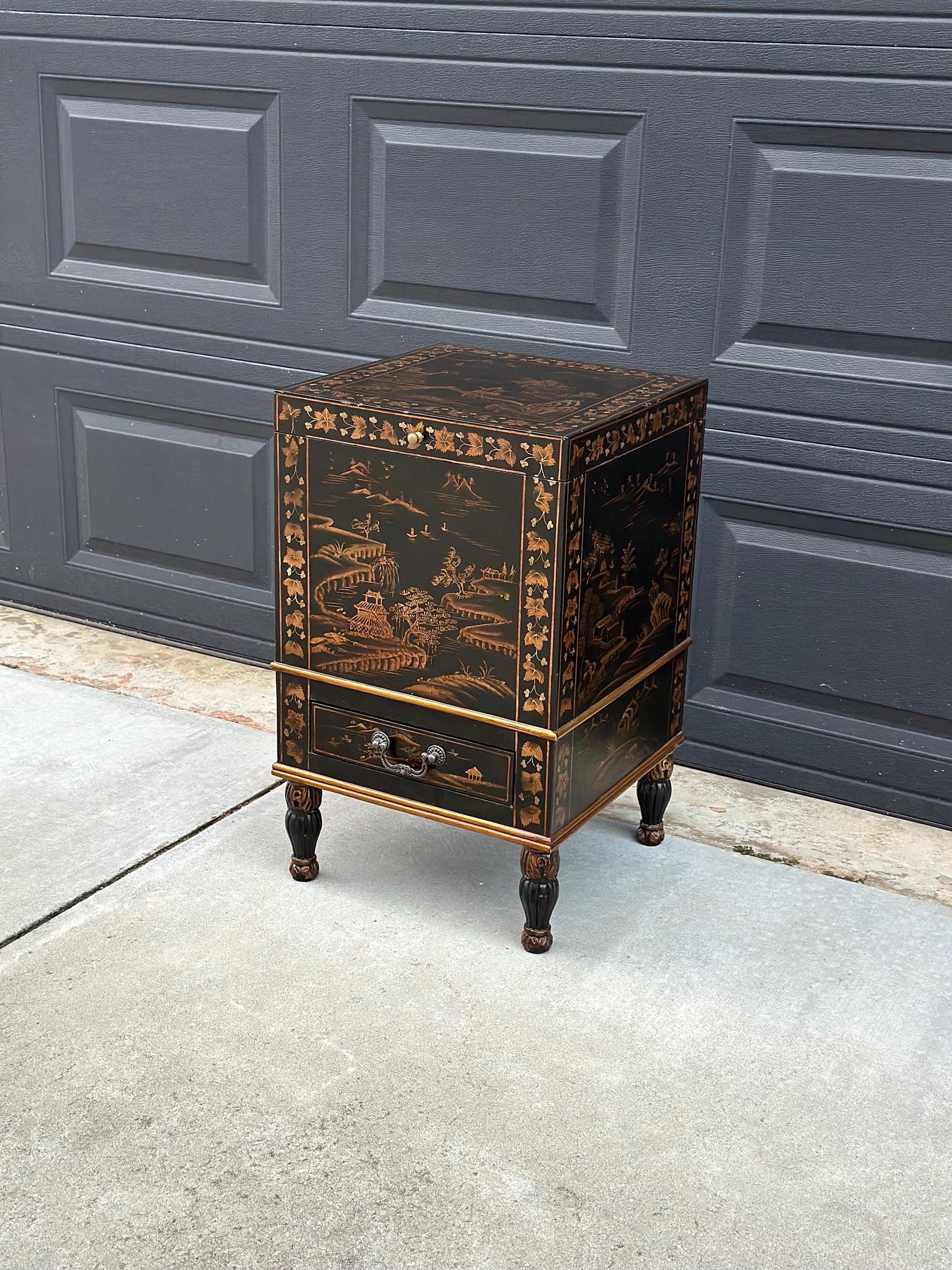Antique Mid 1900's Oriental Black & Gold Hand Painted Lift Top Table with Drawer