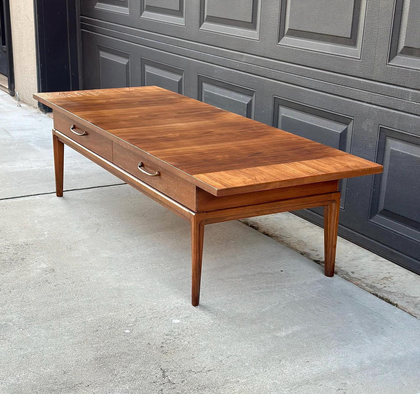 Vintage Mid 1900's Walnut Wood Mid Century Modern Two Drawer Platform Coffee Table