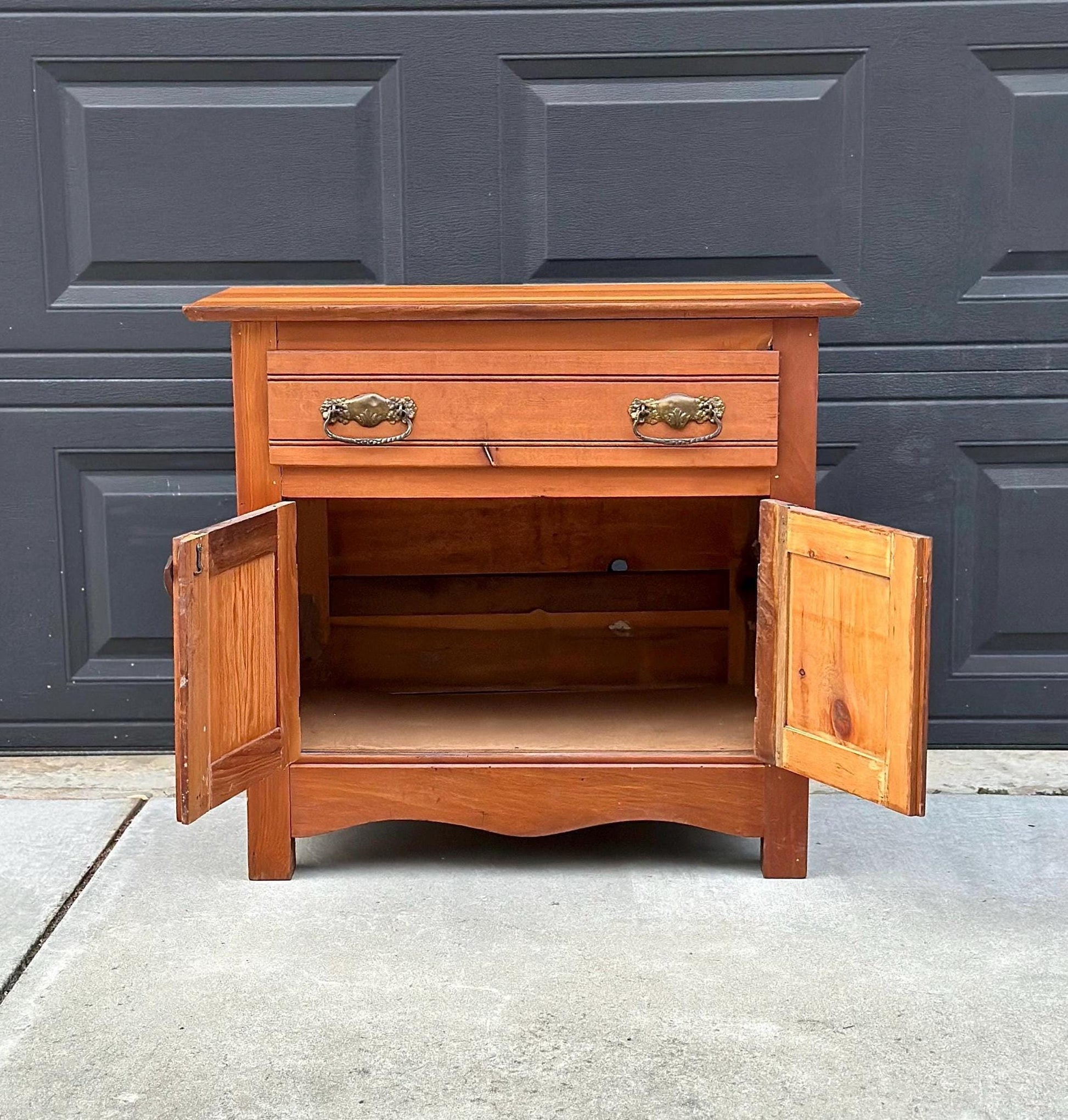 Antique Early 1900's Solid Wood Eastlake Oak & Pine Cabinet with Drawer