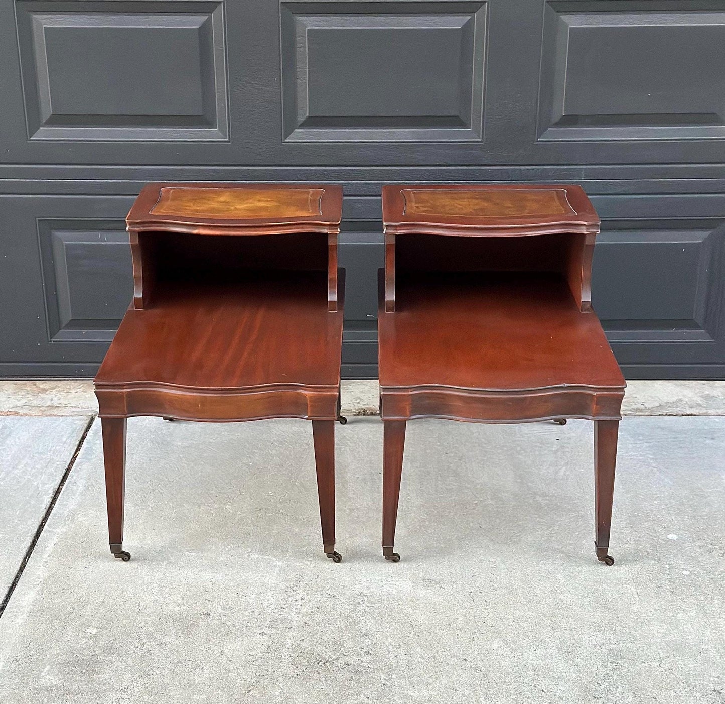 Vintage Mid 1900's Tan Leather & Mahogany Step Side Tables - a Pair
