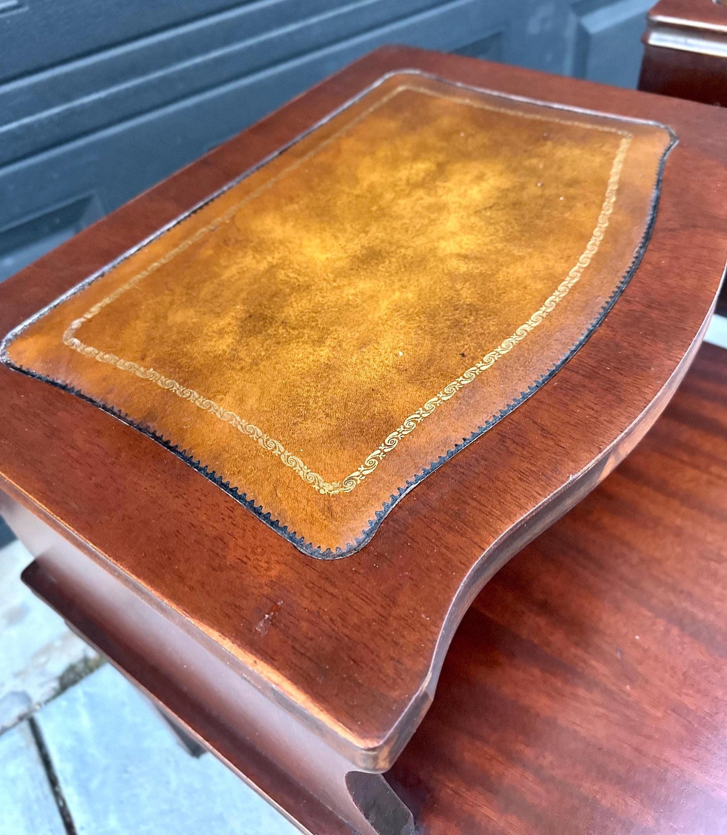 Vintage Mid 1900's Tan Leather & Mahogany Step Side Tables - a Pair