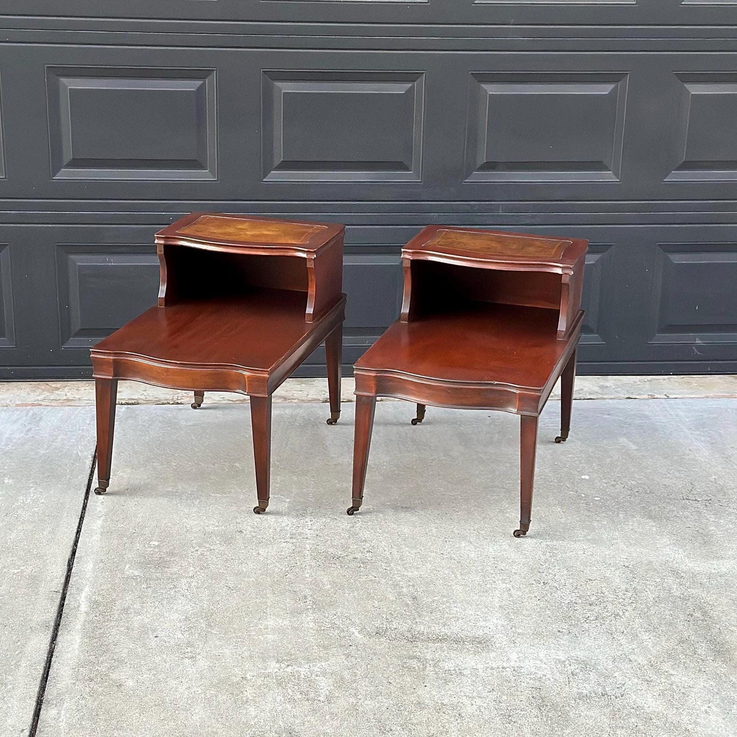 Vintage Mid 1900's Tan Leather & Mahogany Step Side Tables - a Pair