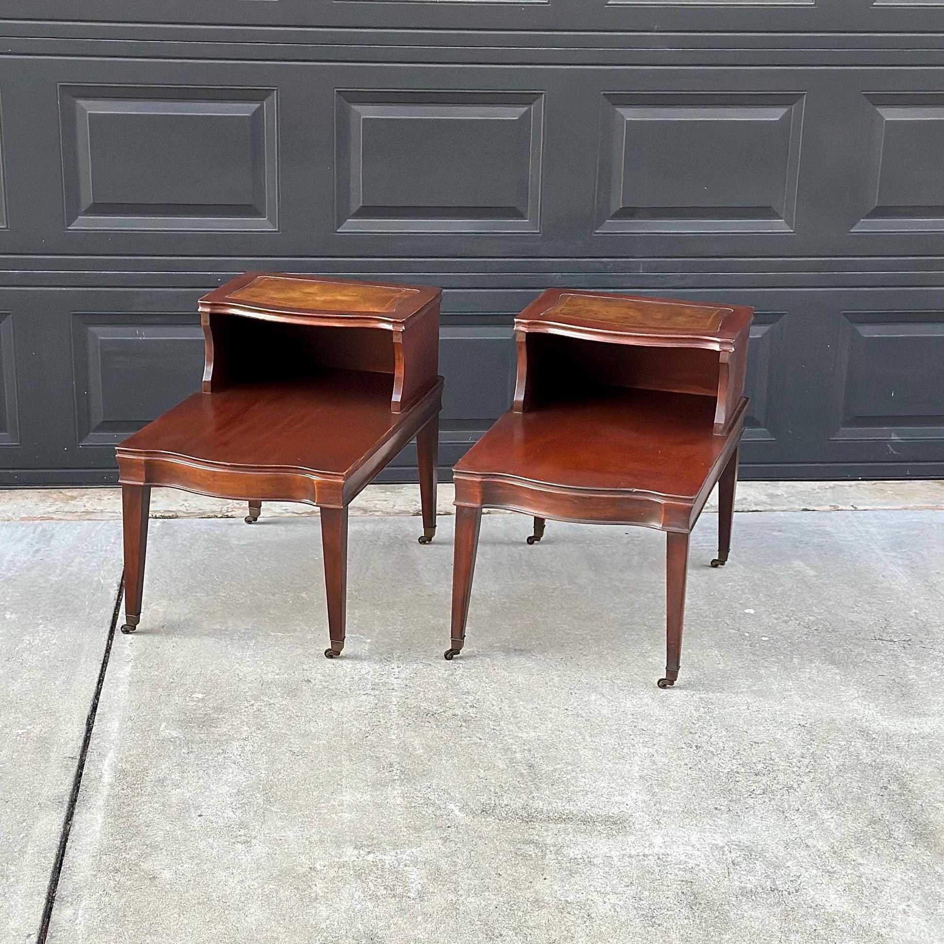 Vintage Mid 1900's Tan Leather & Mahogany Step Side Tables - a Pair