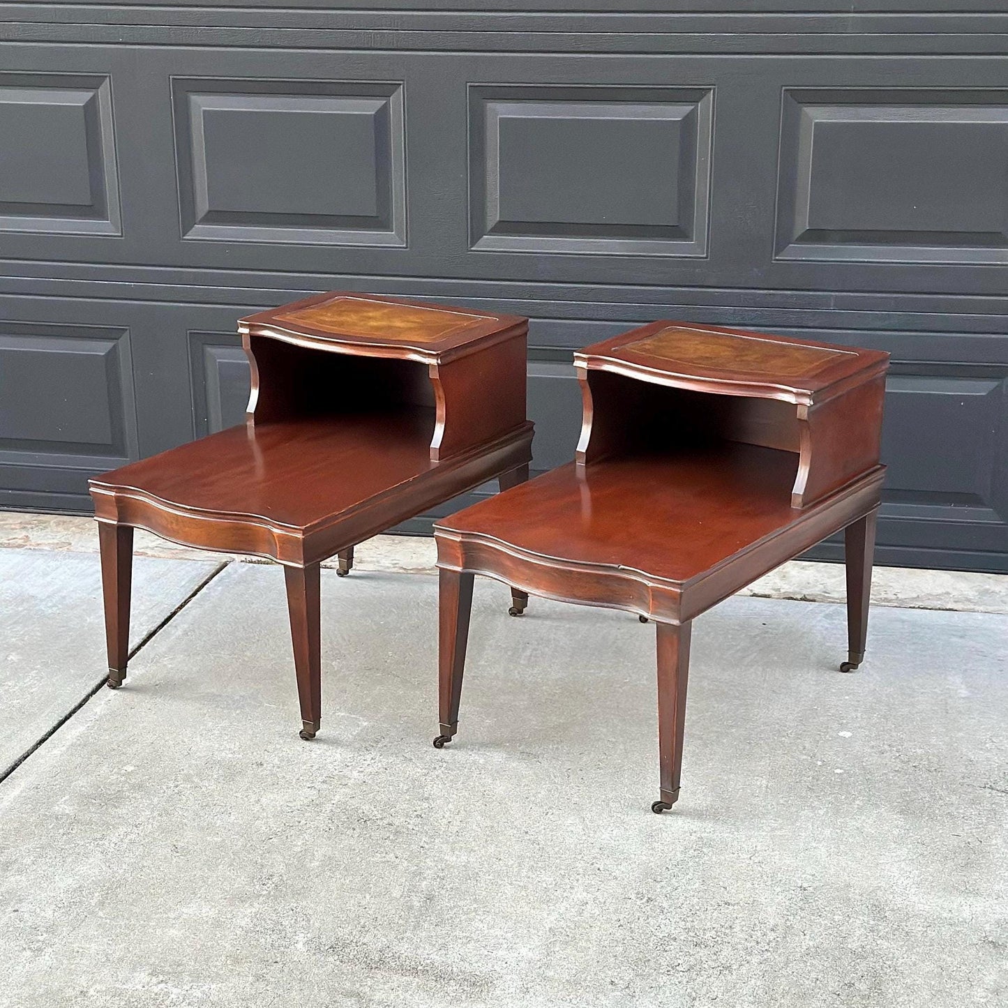 Vintage Mid 1900's Tan Leather & Mahogany Step Side Tables - a Pair