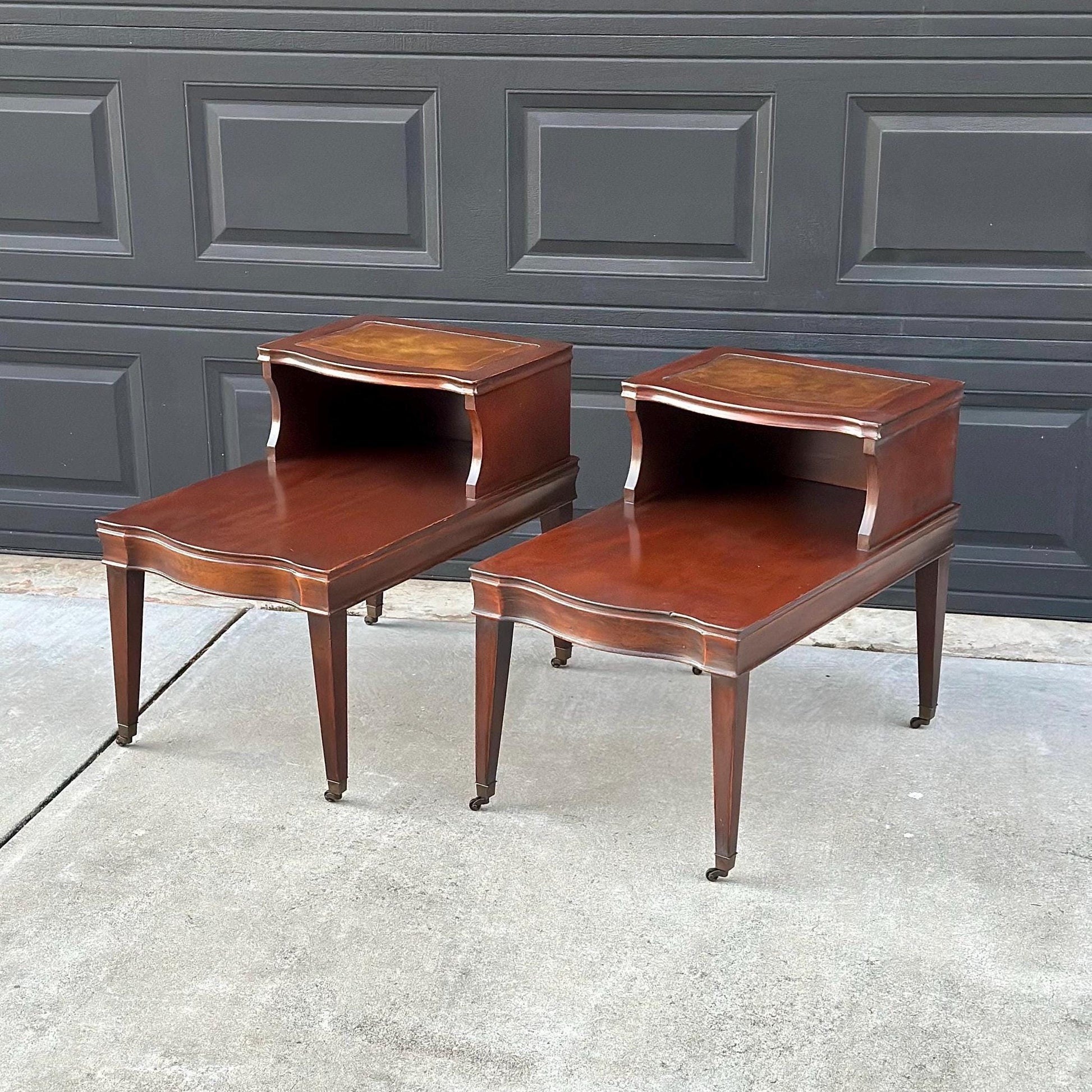 Vintage Mid 1900's Tan Leather & Mahogany Step Side Tables - a Pair