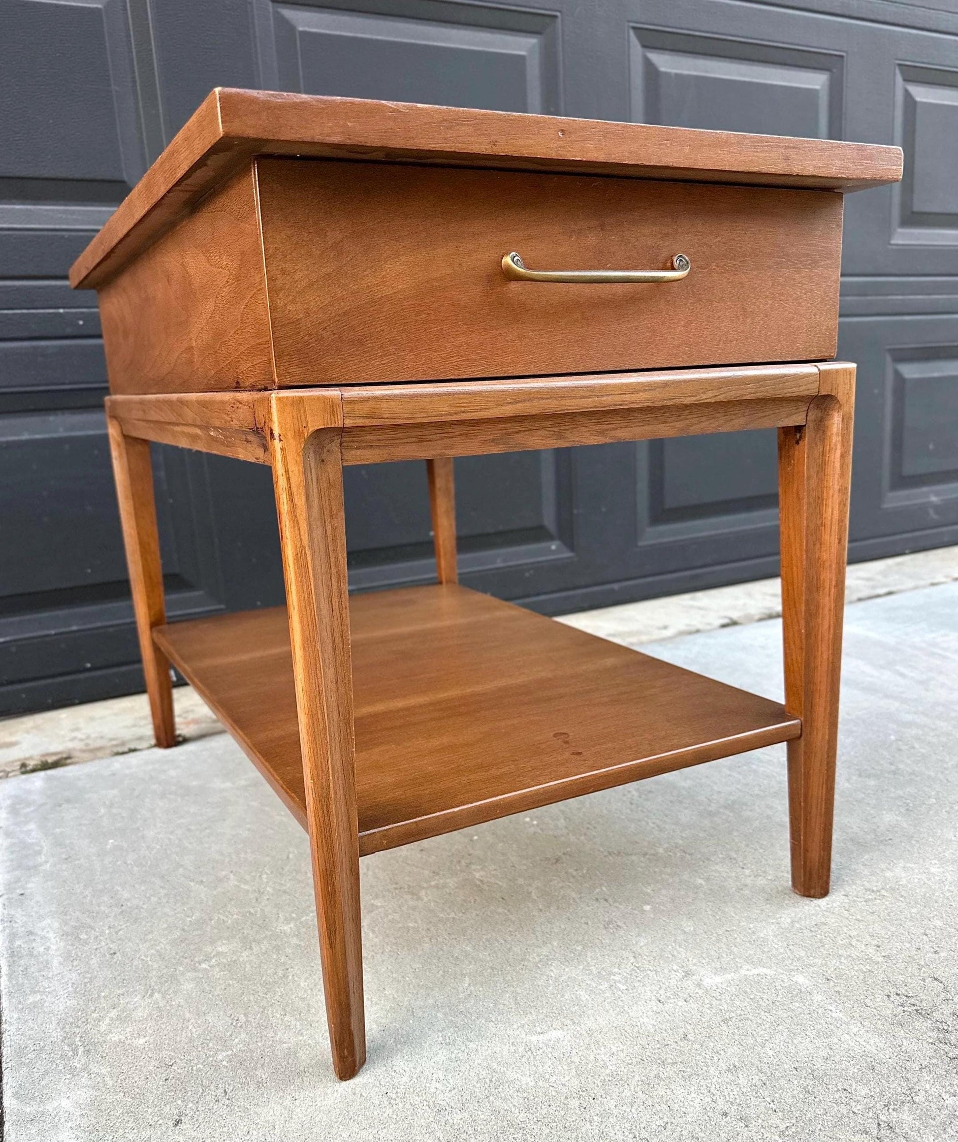 Vintage Mid 1900's Walnut Wood Single Drawer Platform MCM Side Table