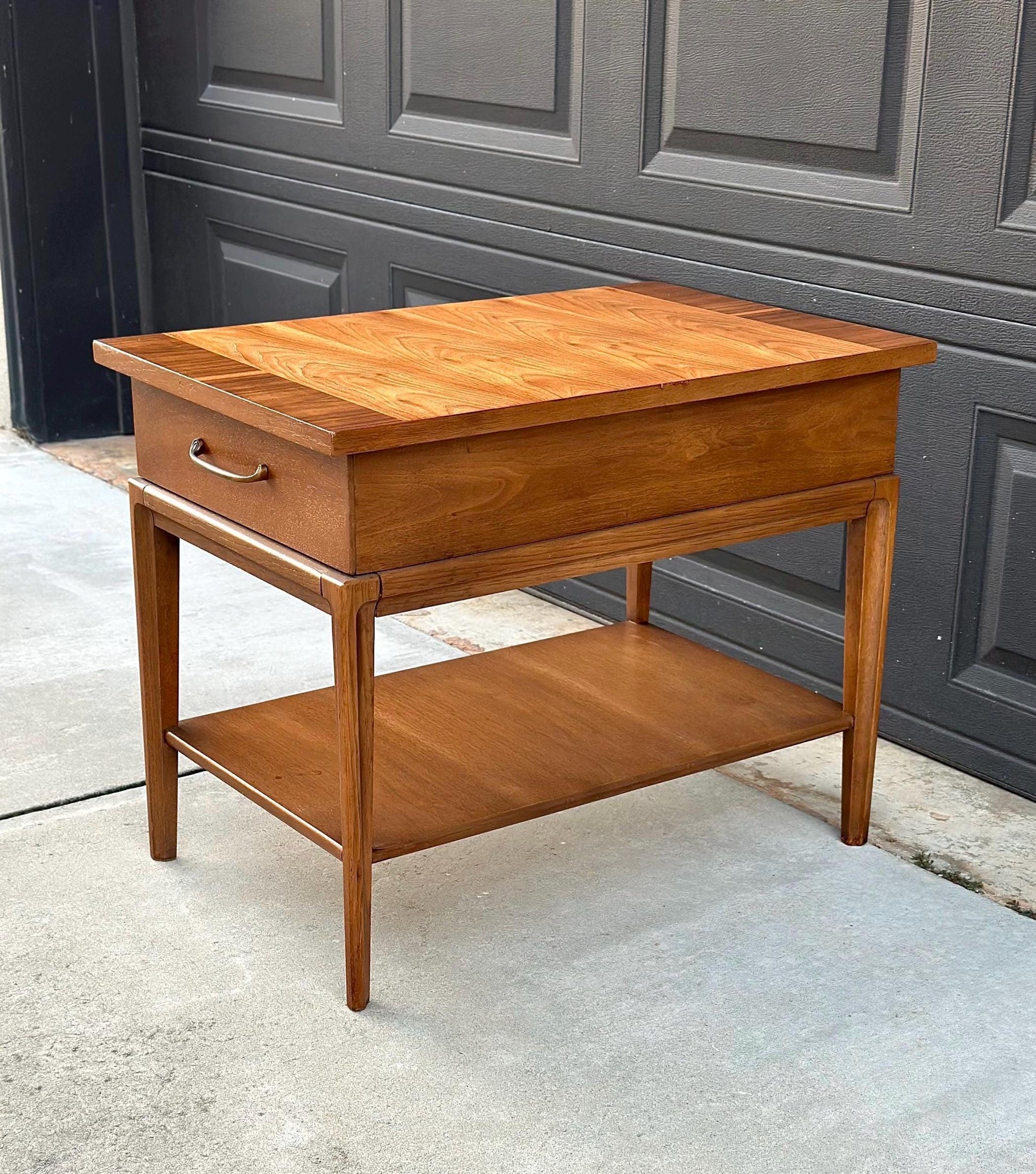 Vintage Mid 1900's Walnut Wood Single Drawer Platform MCM Side Table