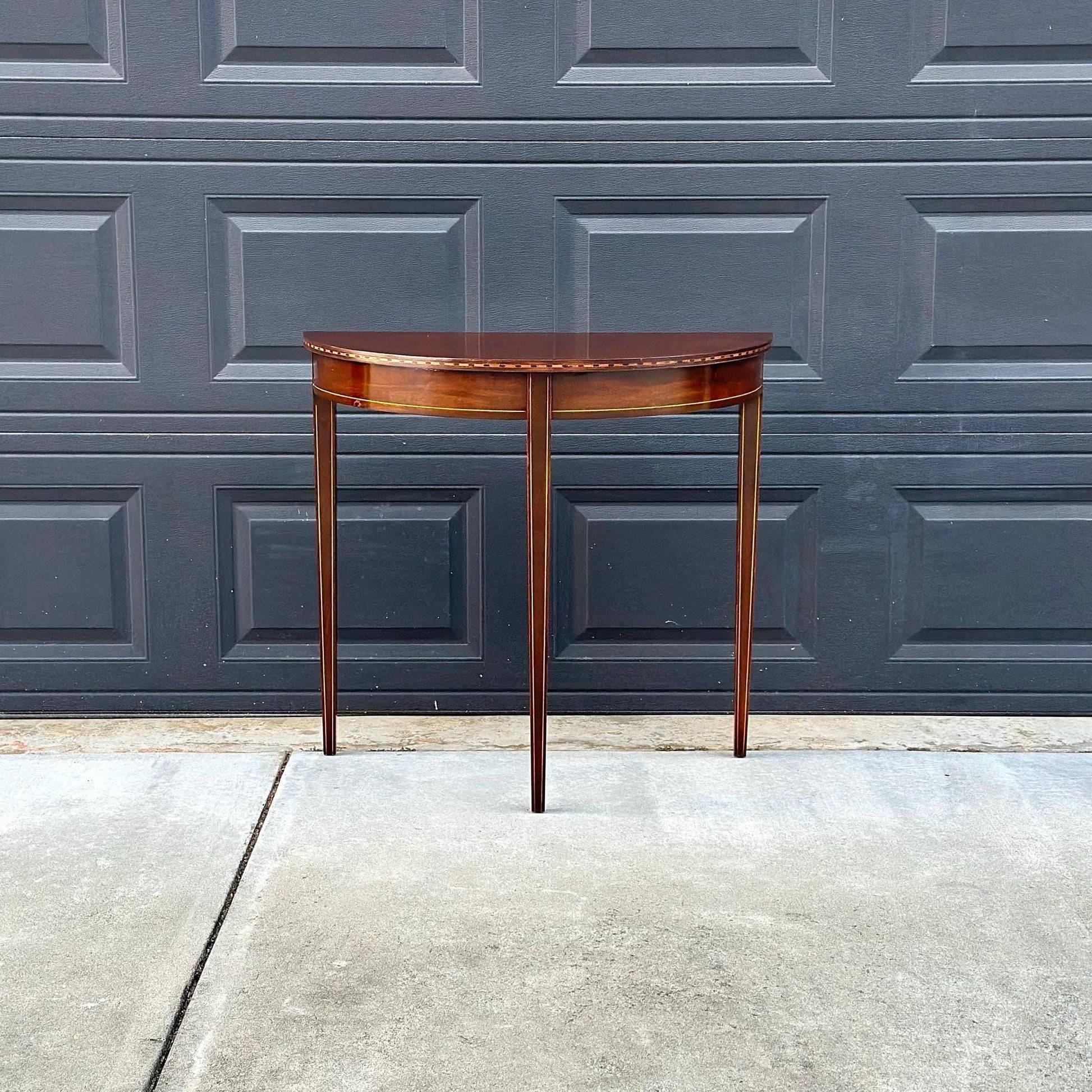 Antique Early 1900's Banded Mahogany Sheraton Demi-Lune Half Round Wood Accent Table