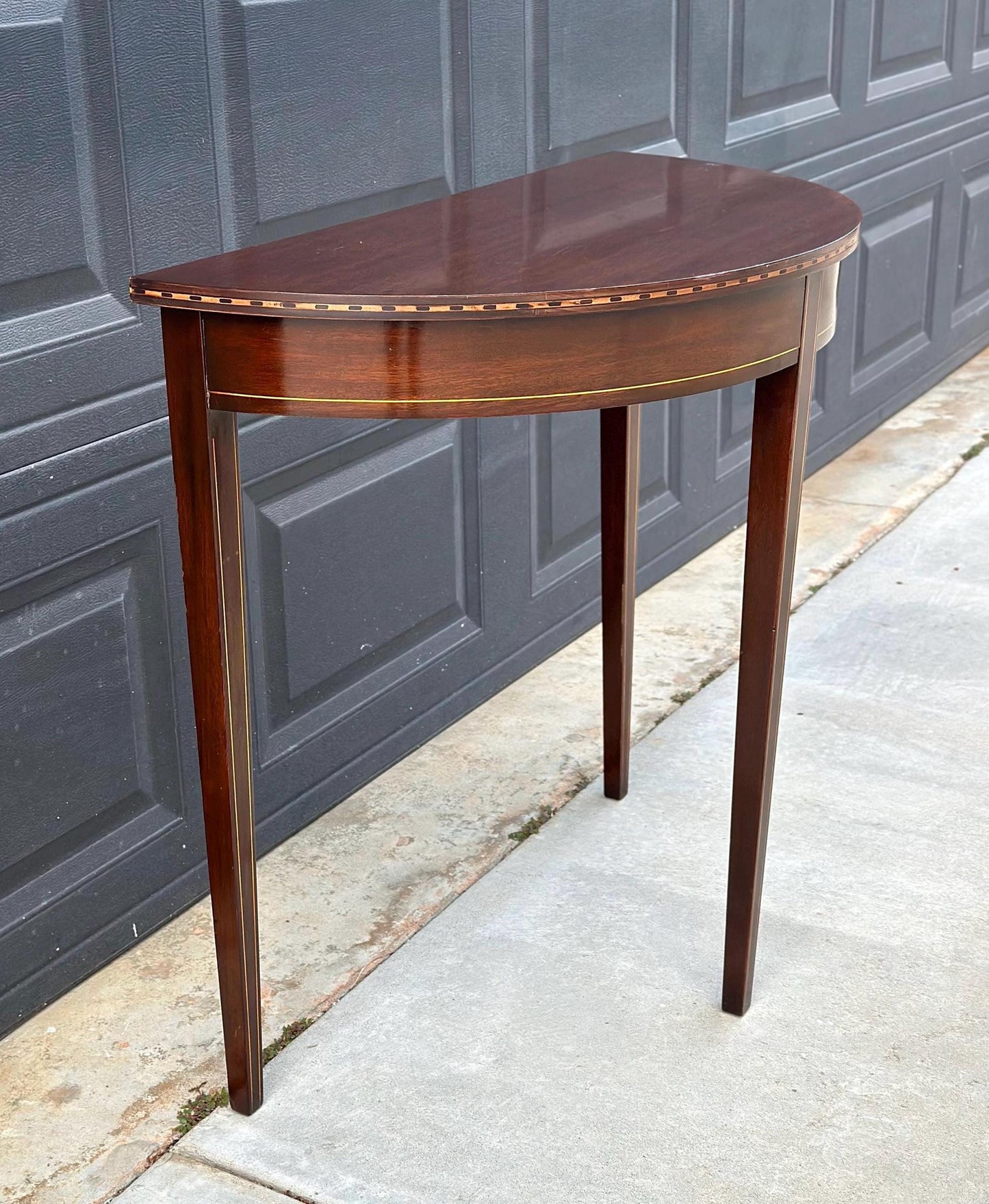 Antique Early 1900's Banded Mahogany Sheraton Demi-Lune Half Round Wood Accent Table
