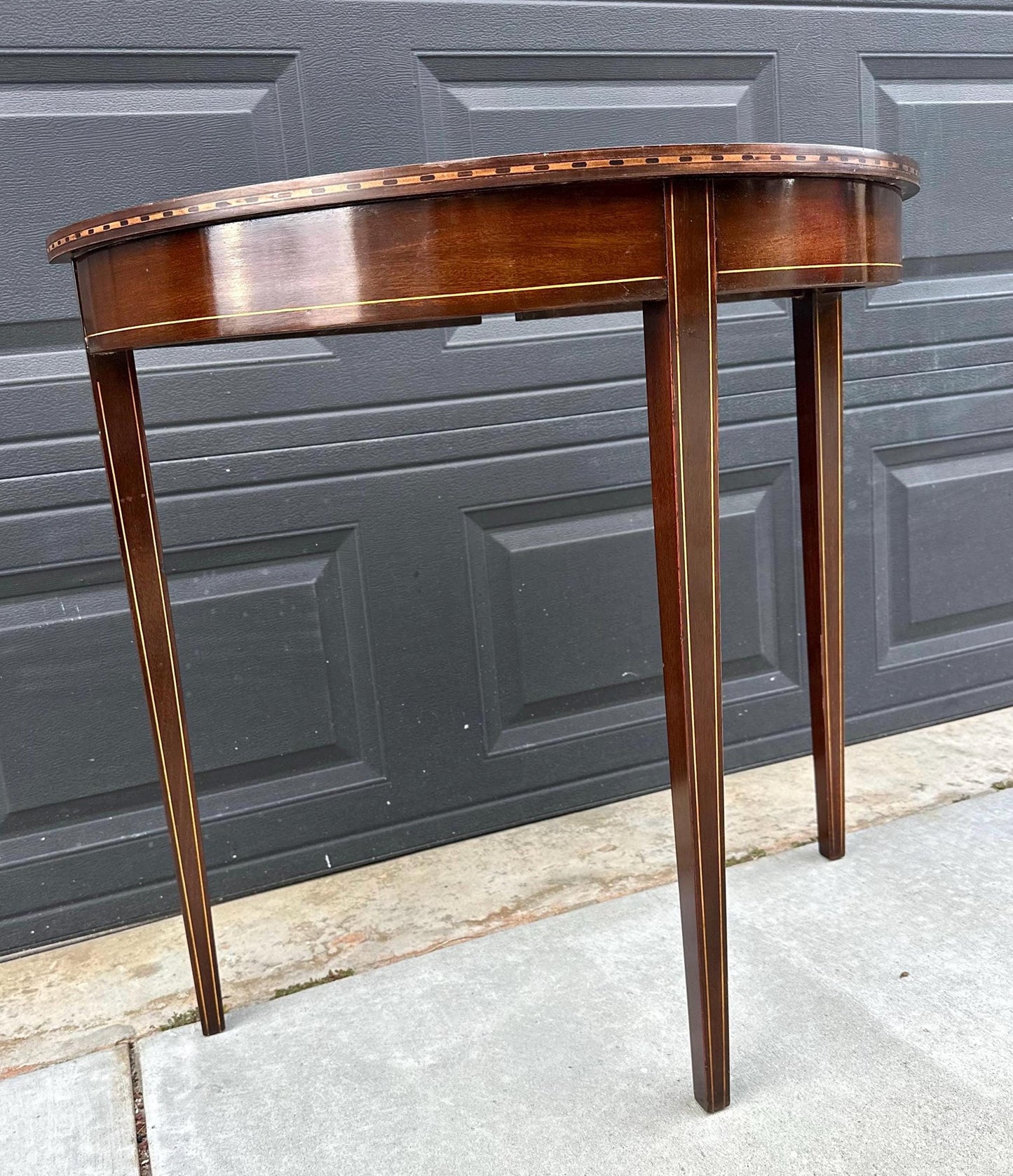 Antique Early 1900's Banded Mahogany Sheraton Demi-Lune Half Round Wood Accent Table