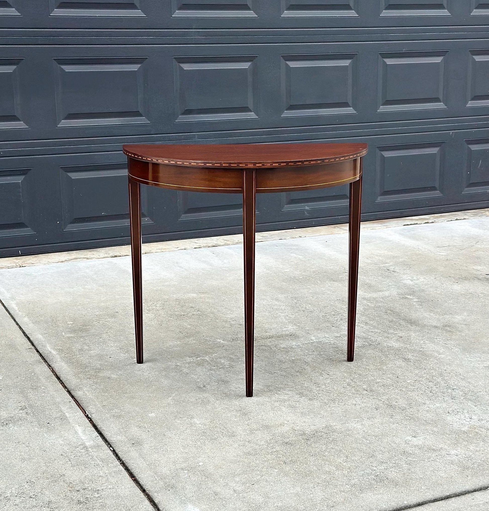 Antique Early 1900's Banded Mahogany Sheraton Demi-Lune Half Round Wood Accent Table