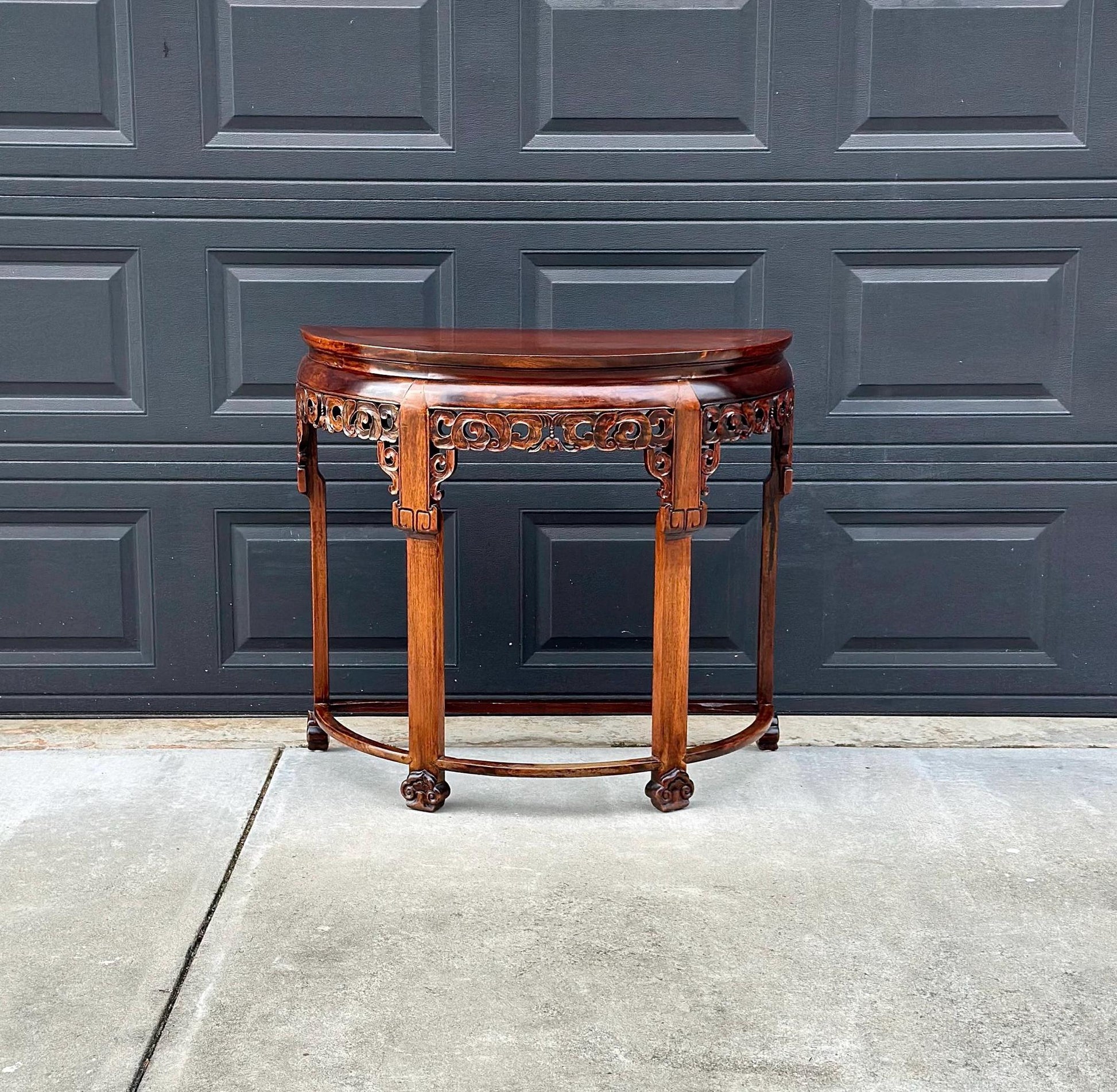 Antique Early 1900's Solid Wood Demi-Lune Mahogany Oriental Half Round Accent Table