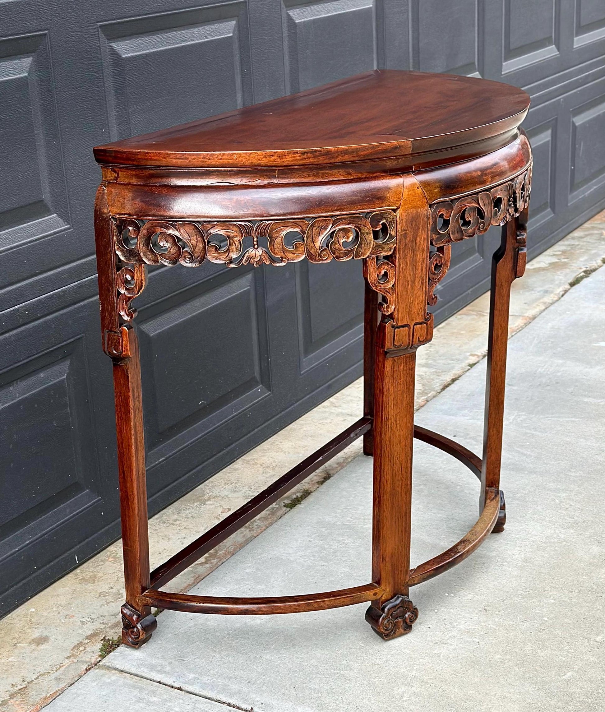 Antique Early 1900's Solid Wood Demi-Lune Mahogany Oriental Half Round Accent Table