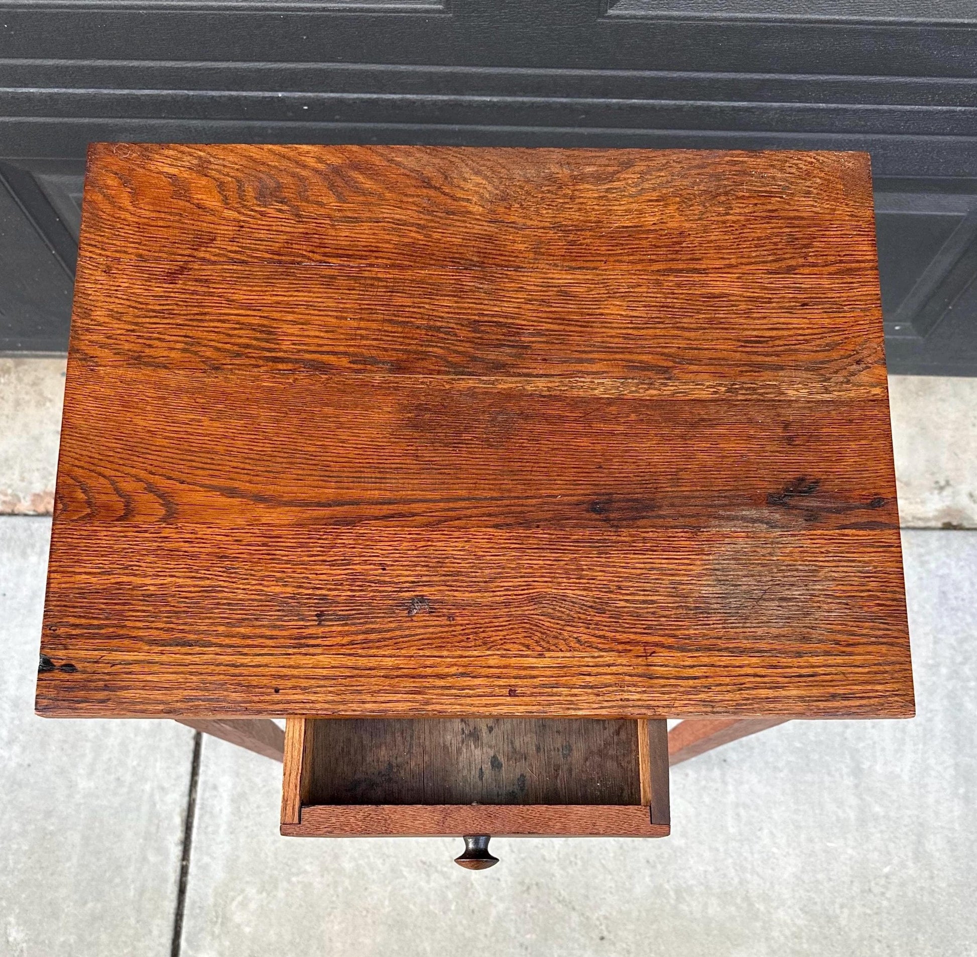 Antique Early 1900's Solid Wood Rustic Oak Side Table with Drawer