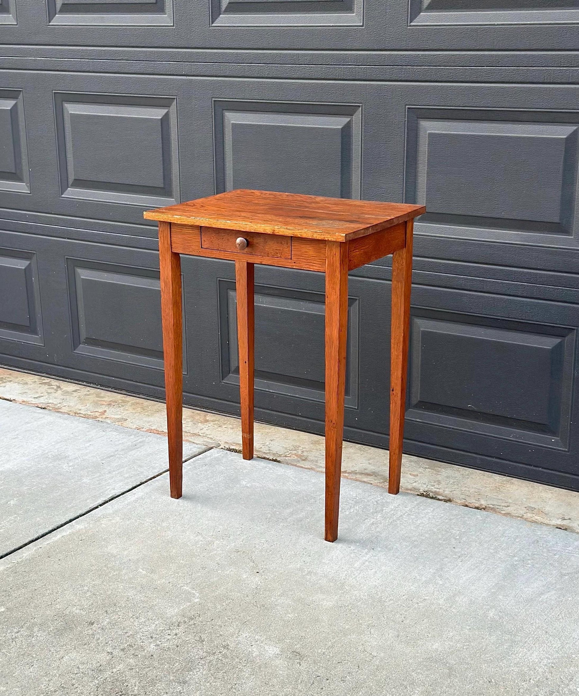 Antique Early 1900's Solid Wood Rustic Oak Side Table with Drawer