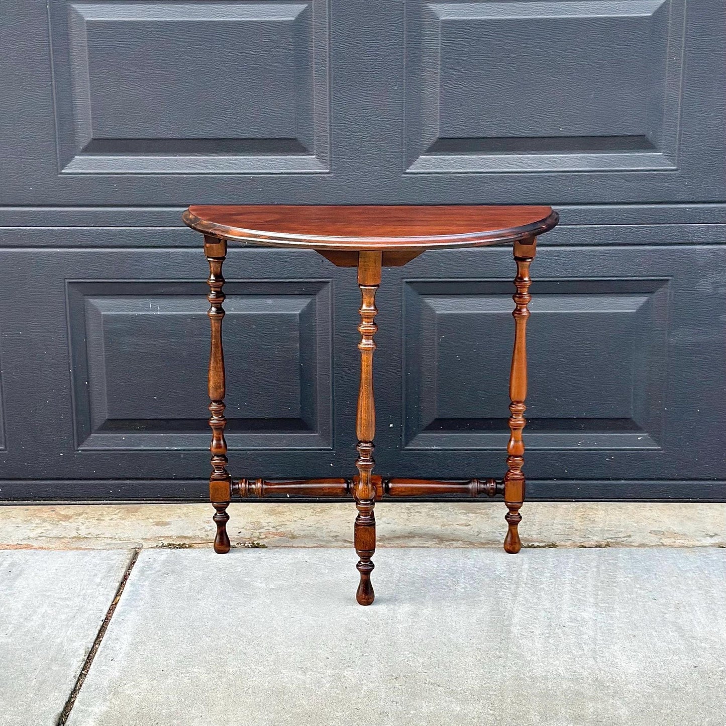 Antique Late 1800's Semicircular Wooden Spindle Leg Small Walnut Side Table
