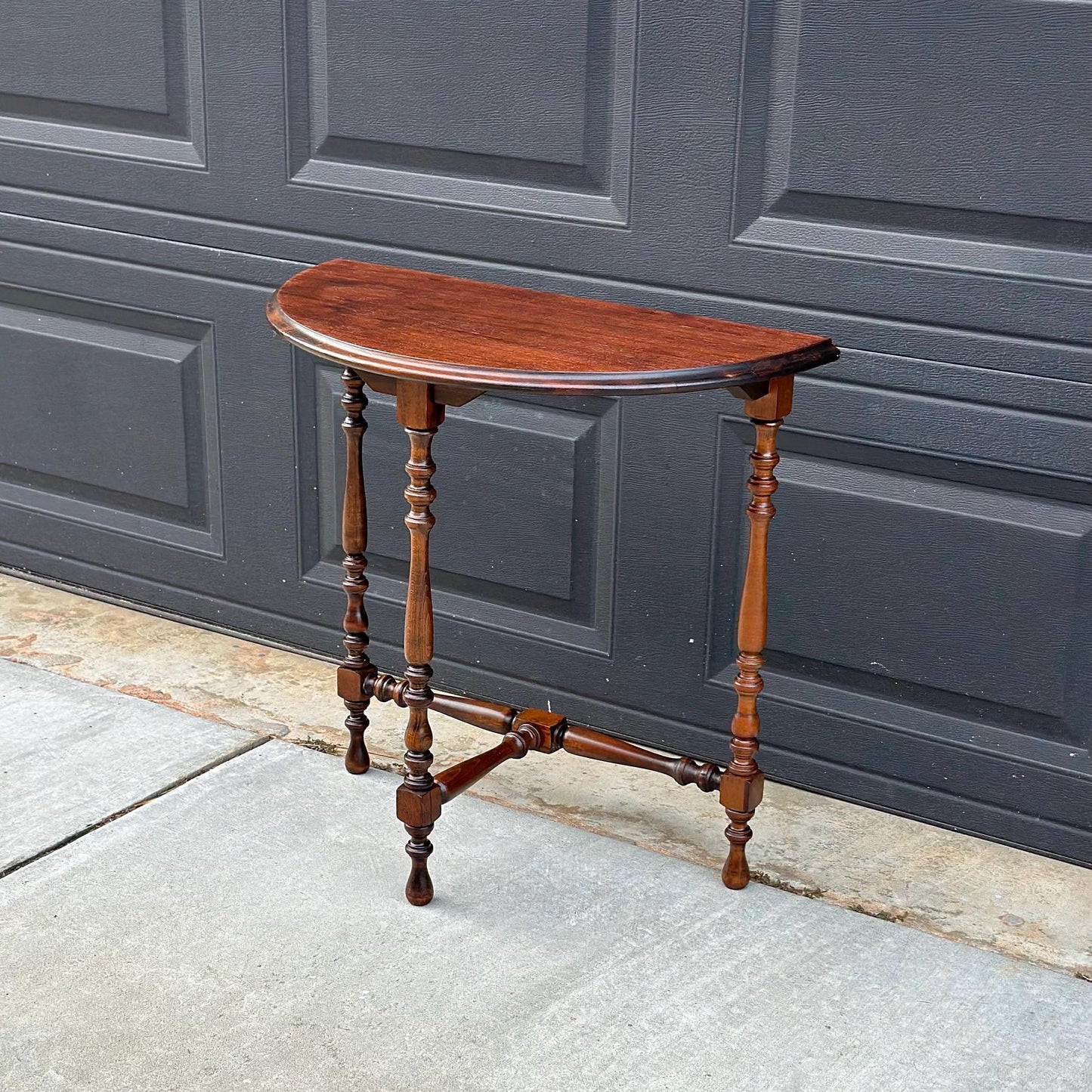 Antique Late 1800's Semicircular Wooden Spindle Leg Small Walnut Side Table