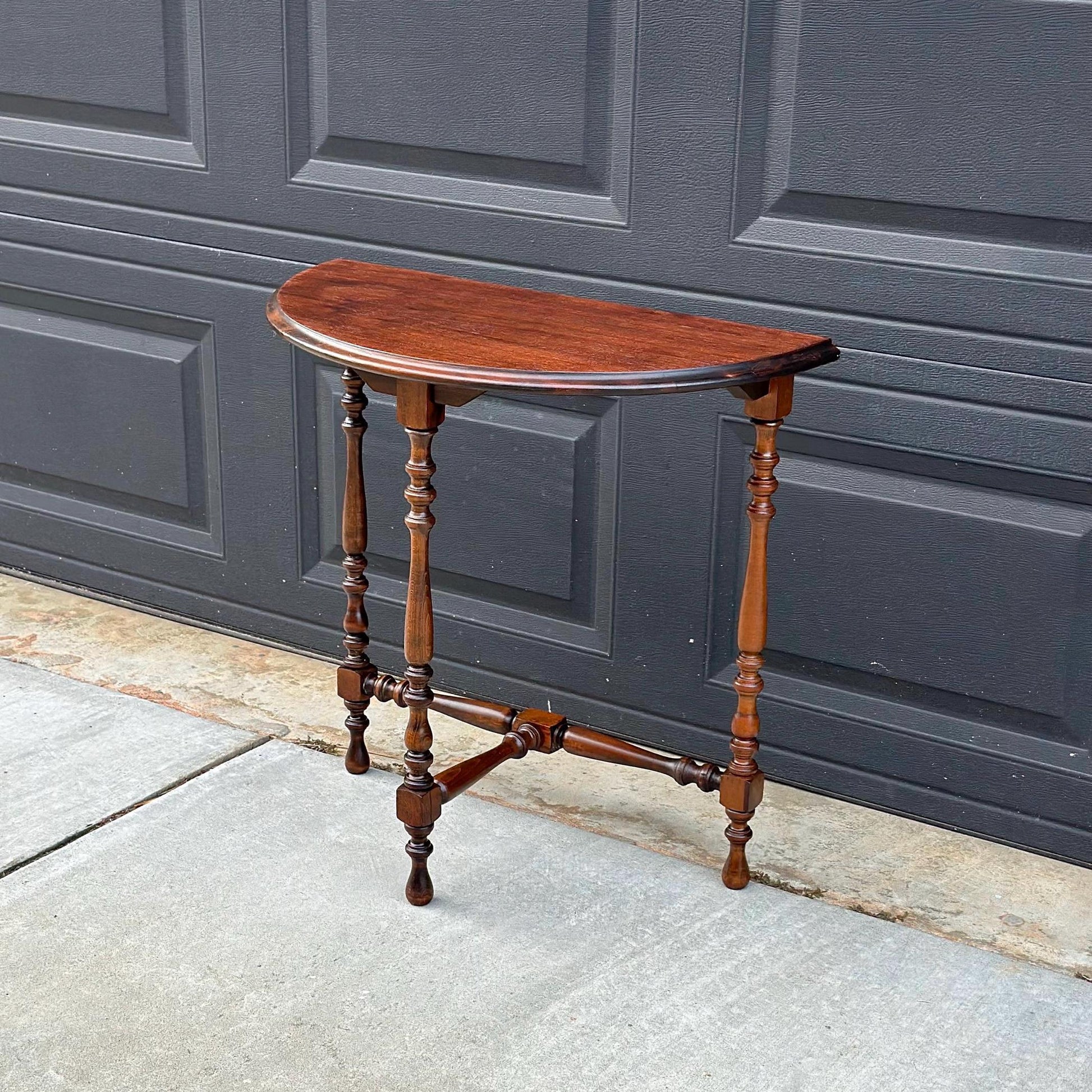 Antique Late 1800's Semicircular Wooden Spindle Leg Small Walnut Side Table