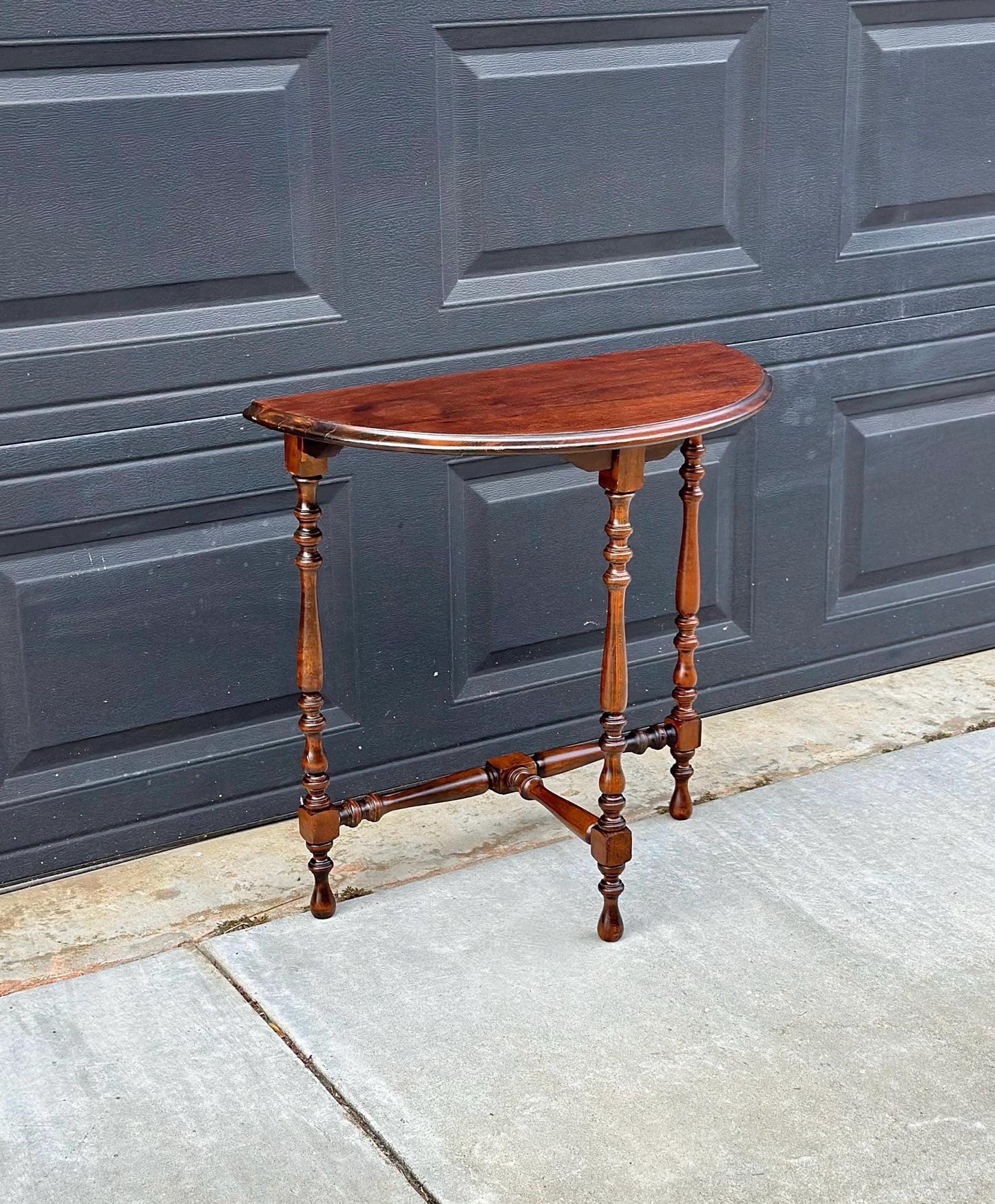 Antique Late 1800's Semicircular Wooden Spindle Leg Small Walnut Side Table