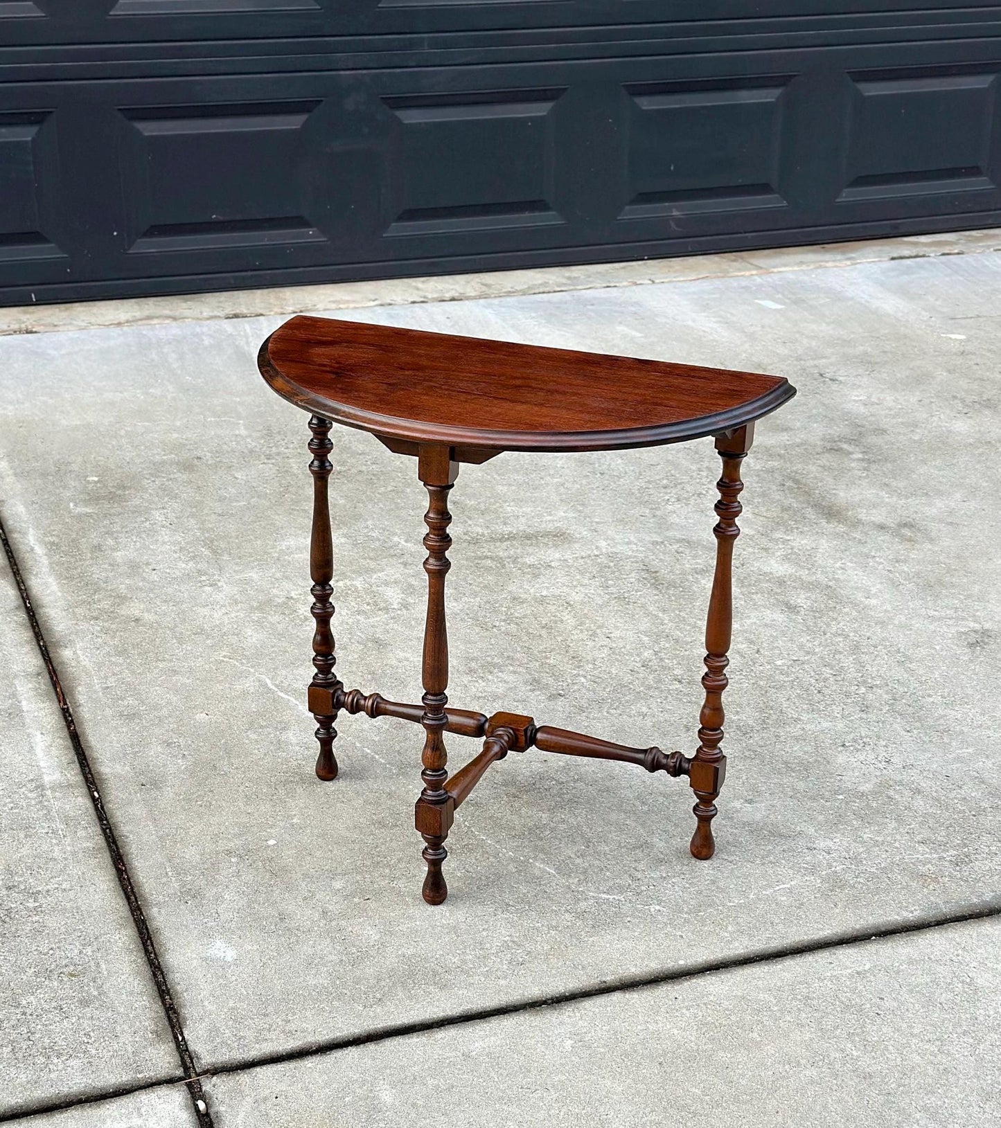 Antique Late 1800's Semicircular Wooden Spindle Leg Small Walnut Side Table
