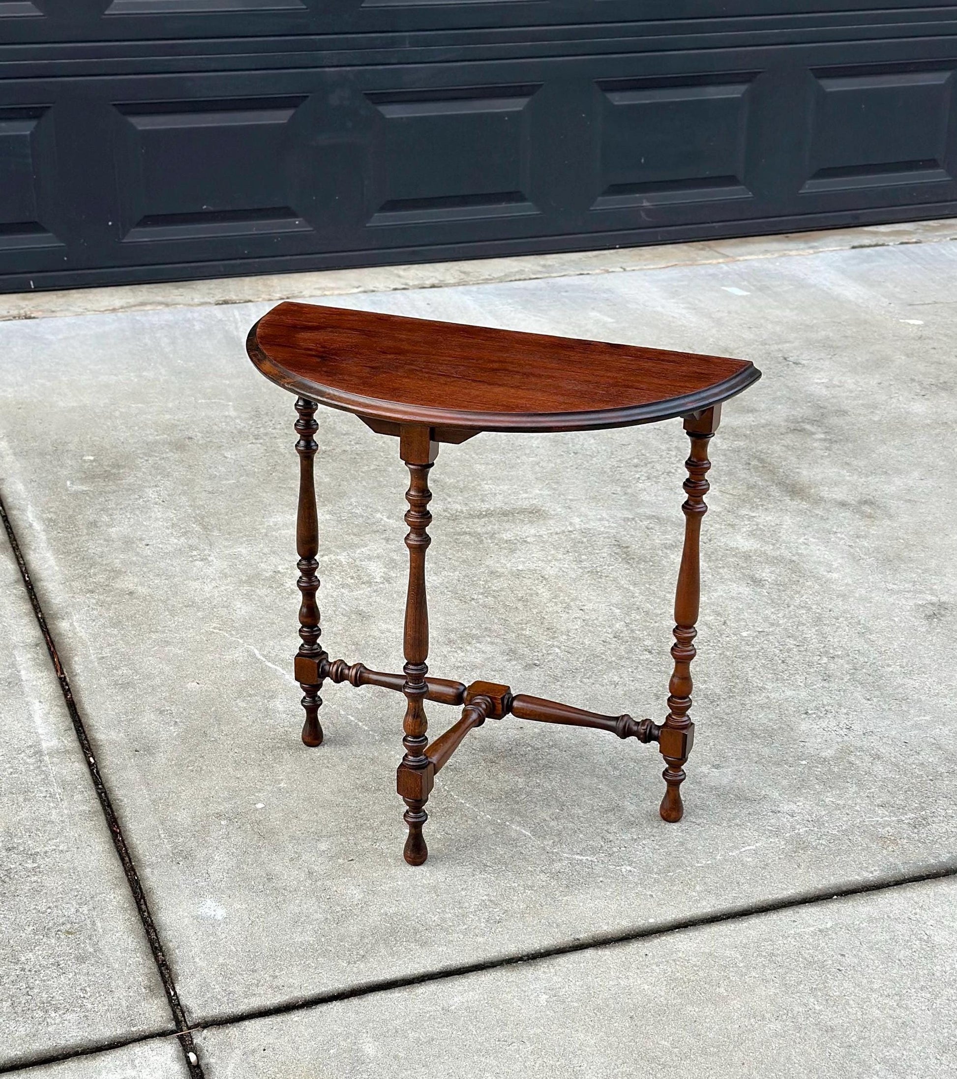 Antique Late 1800's Semicircular Wooden Spindle Leg Small Walnut Side Table