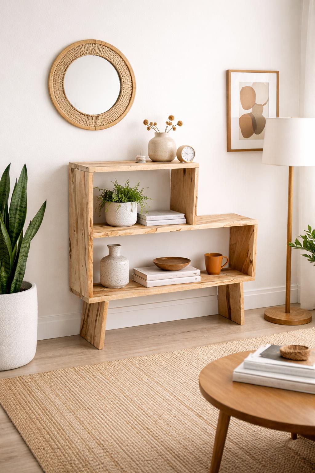 Handmade Curly Ambrosia Maple Solid Wood Modular Asymmetrical Bookshelf