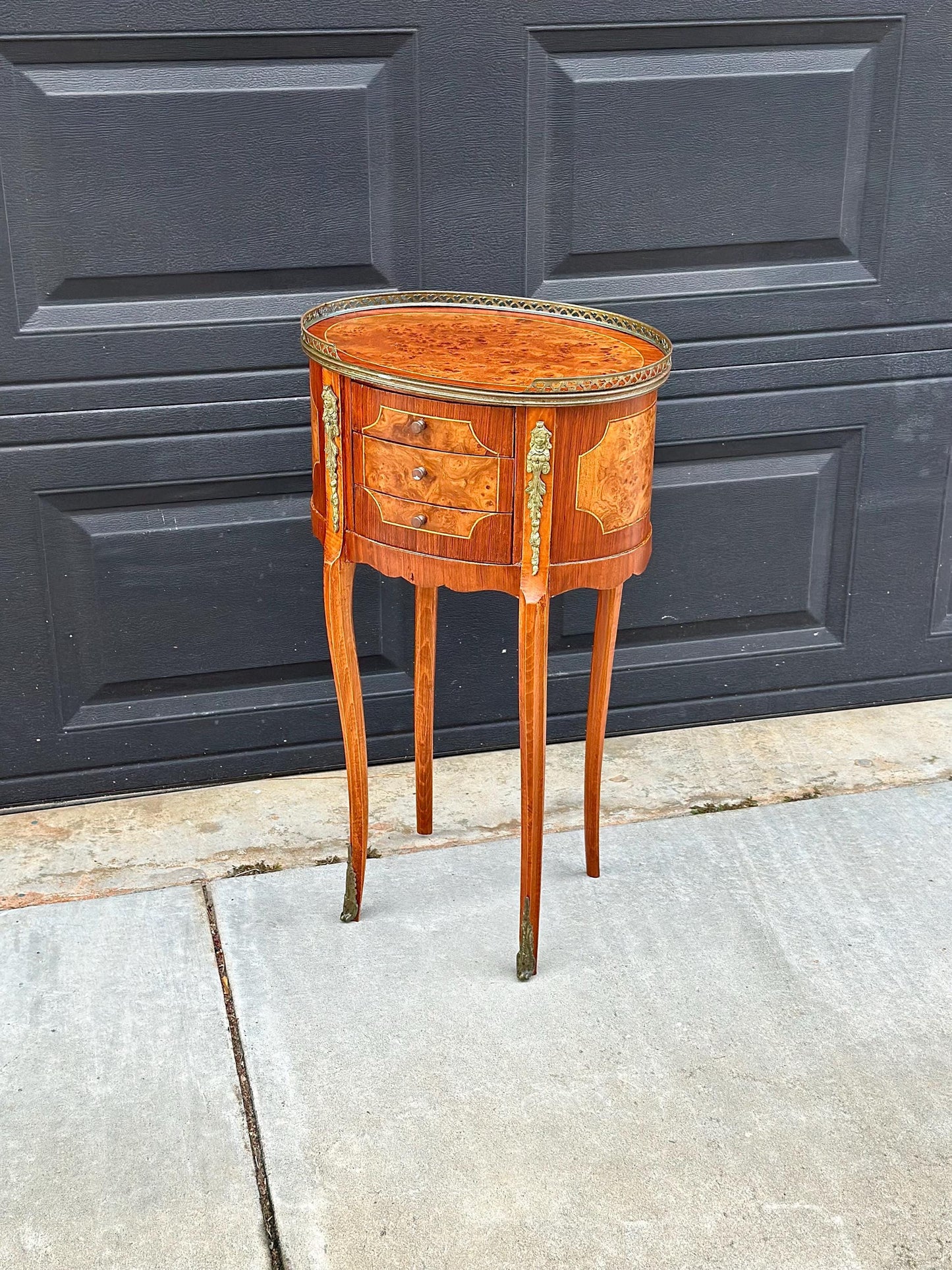 Antique Late 1800's French Banded Walnut Burlwood Cast Brass Side Table