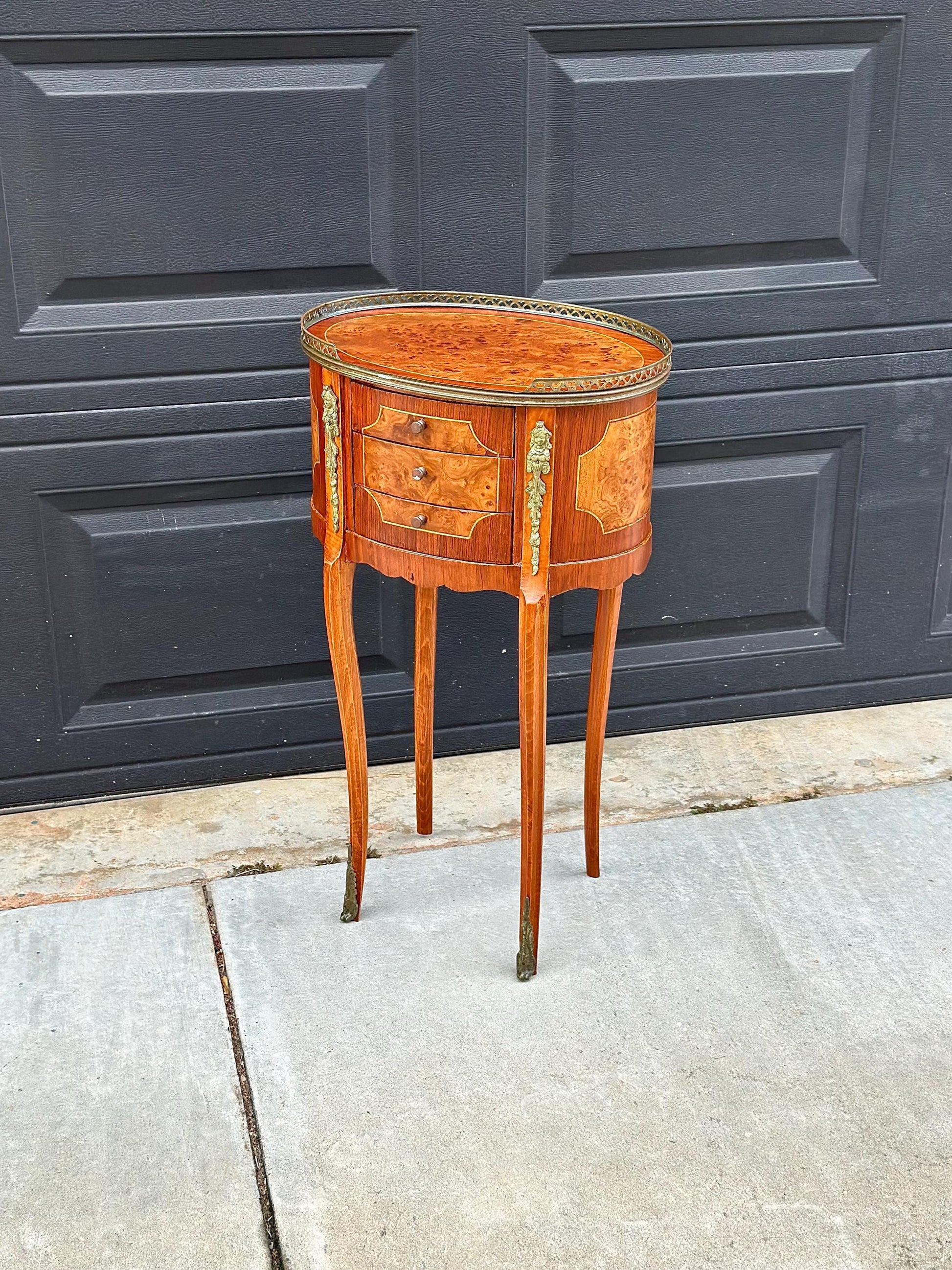 Antique Late 1800's French Banded Walnut Burlwood Cast Brass Side Table
