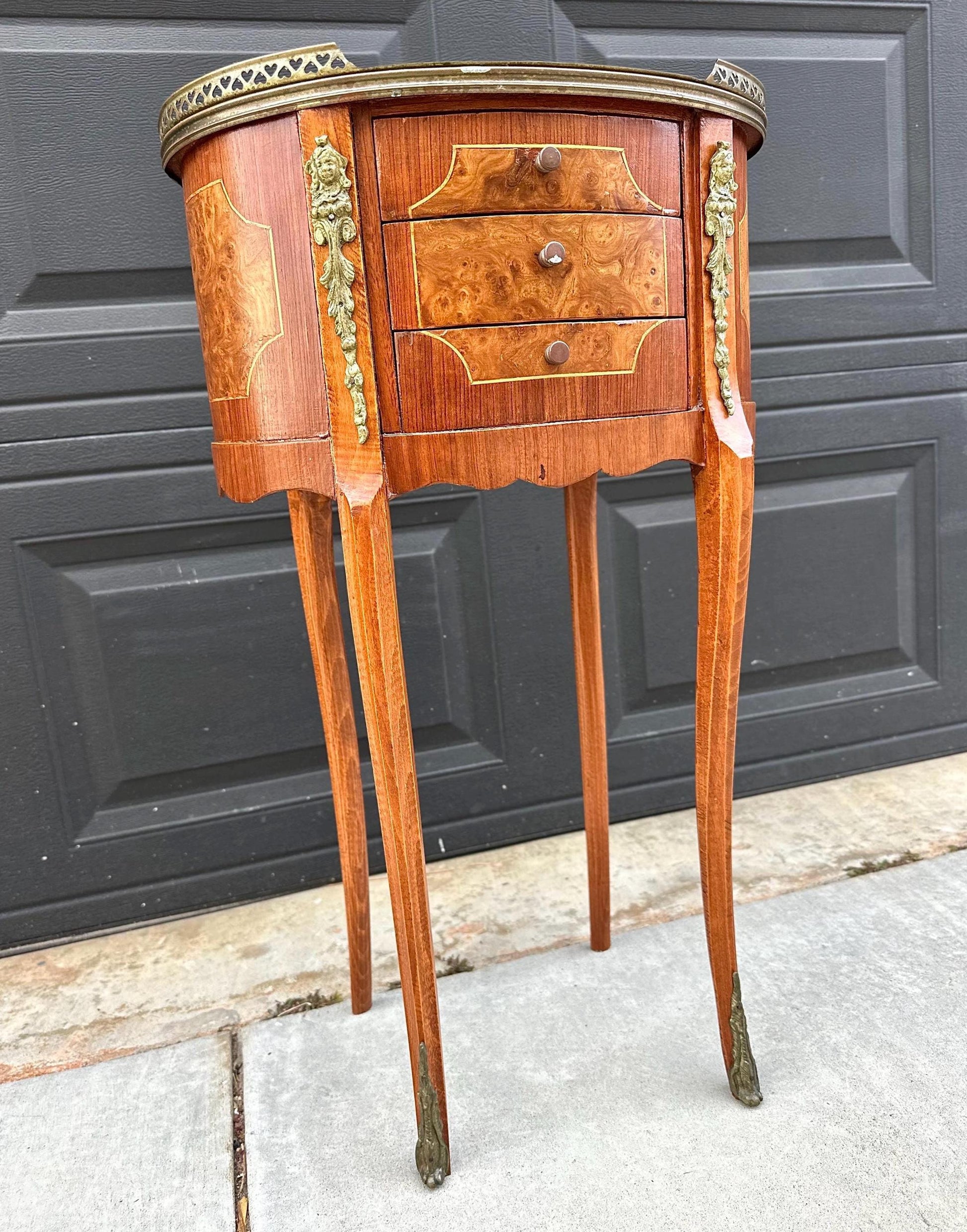 Antique Late 1800's French Banded Walnut Burlwood Cast Brass Side Table