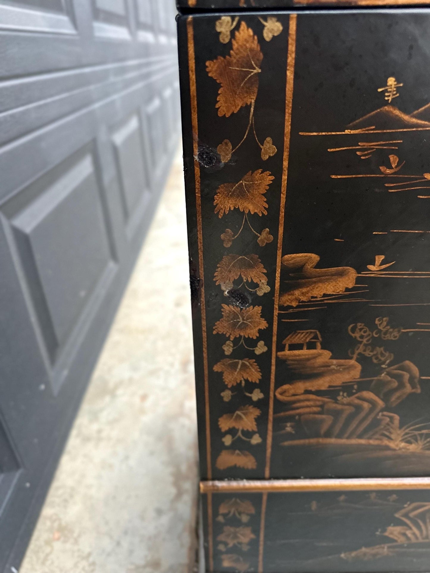 Antique Mid 1900's Oriental Black & Gold Hand Painted Lift Top Table with Drawer