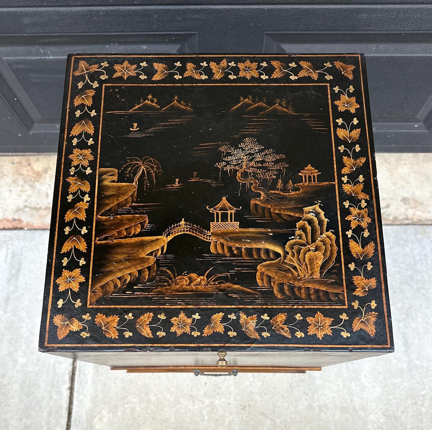 Antique Mid 1900's Oriental Black & Gold Hand Painted Lift Top Table with Drawer
