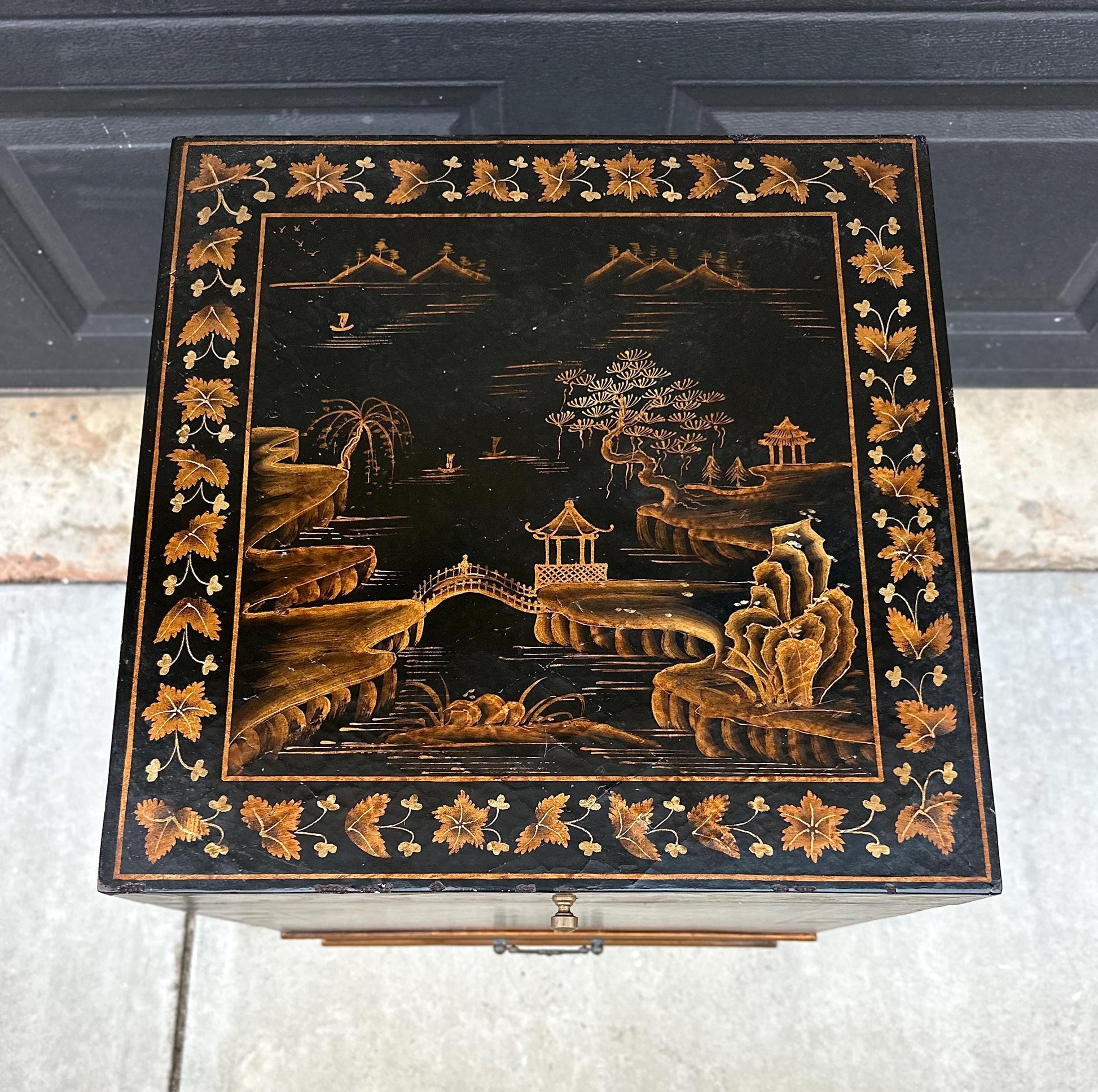 Antique Mid 1900's Oriental Black & Gold Hand Painted Lift Top Table with Drawer