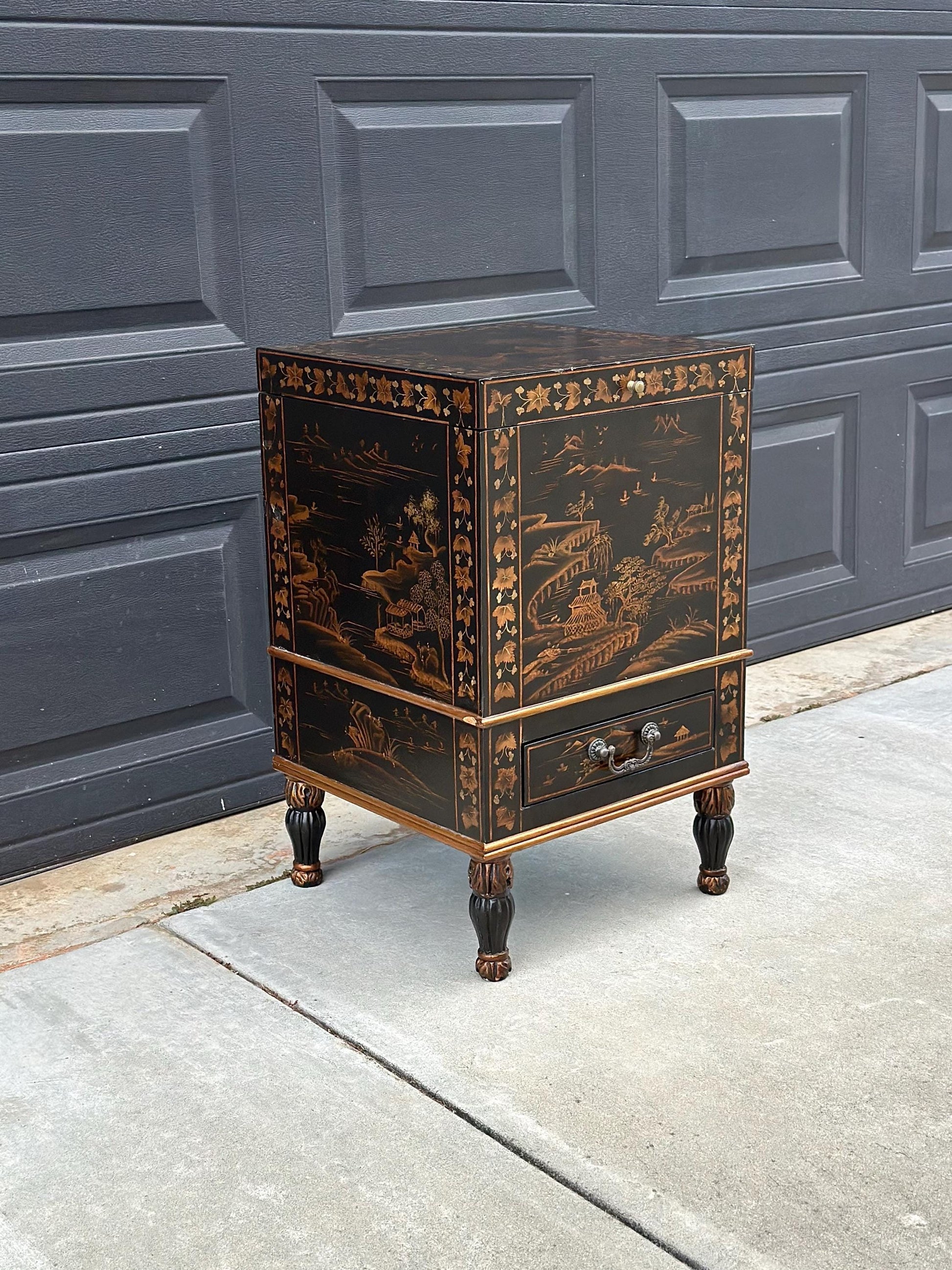 Antique Mid 1900's Oriental Black & Gold Hand Painted Lift Top Table with Drawer