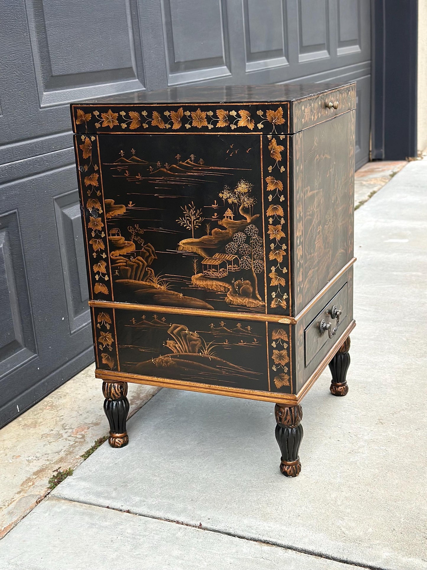 Antique Mid 1900's Oriental Black & Gold Hand Painted Lift Top Table with Drawer