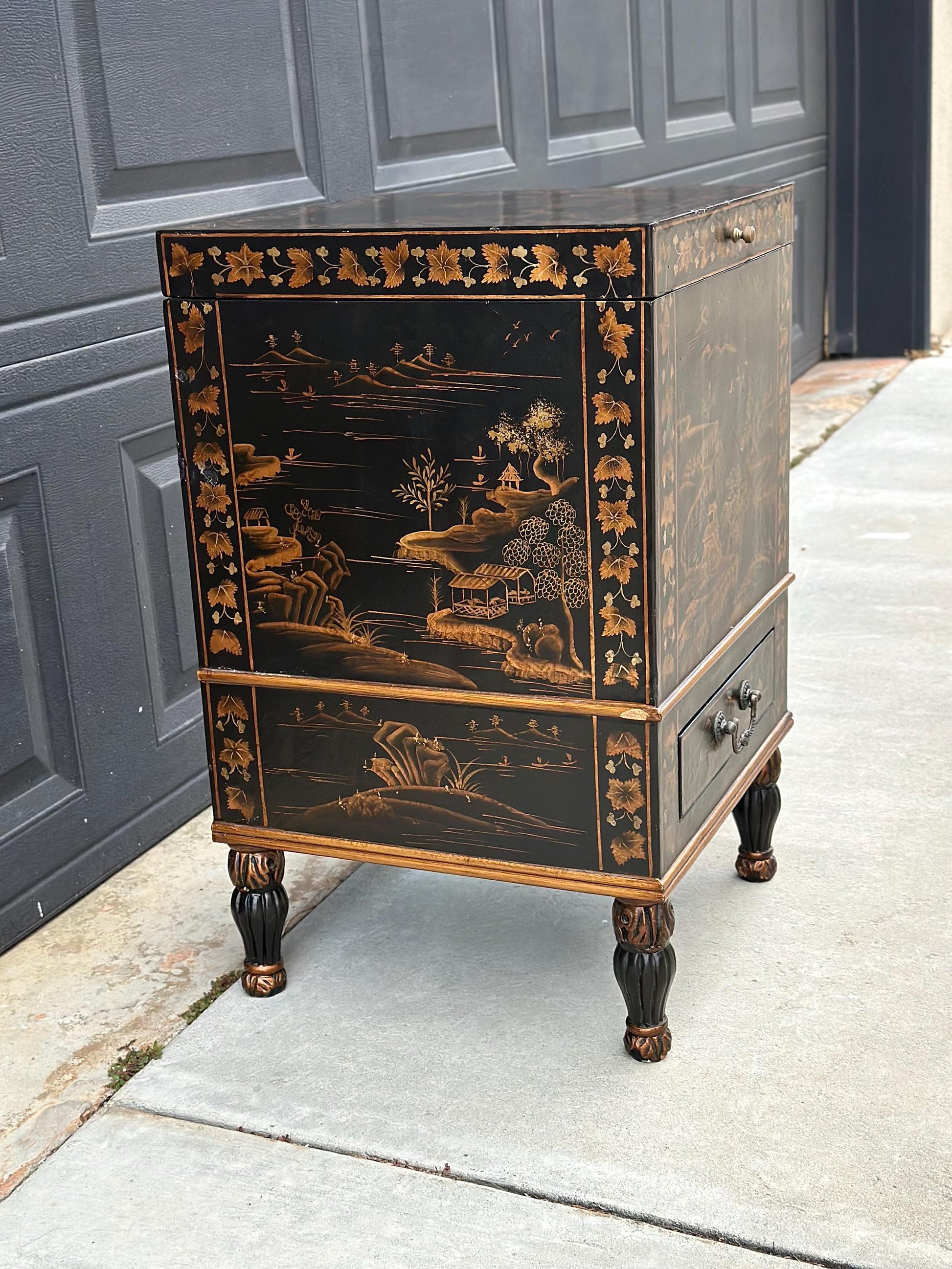 Antique Mid 1900's Oriental Black & Gold Hand Painted Lift Top Table with Drawer