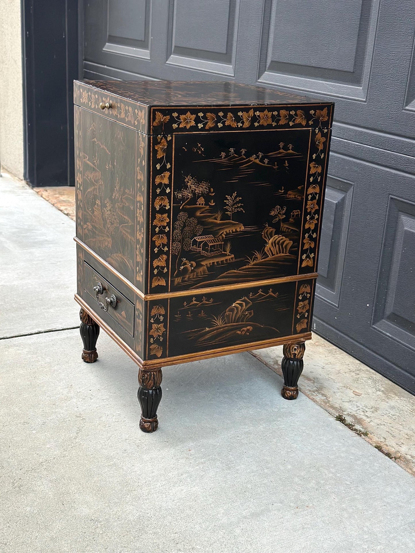 Antique Mid 1900's Oriental Black & Gold Hand Painted Lift Top Table with Drawer