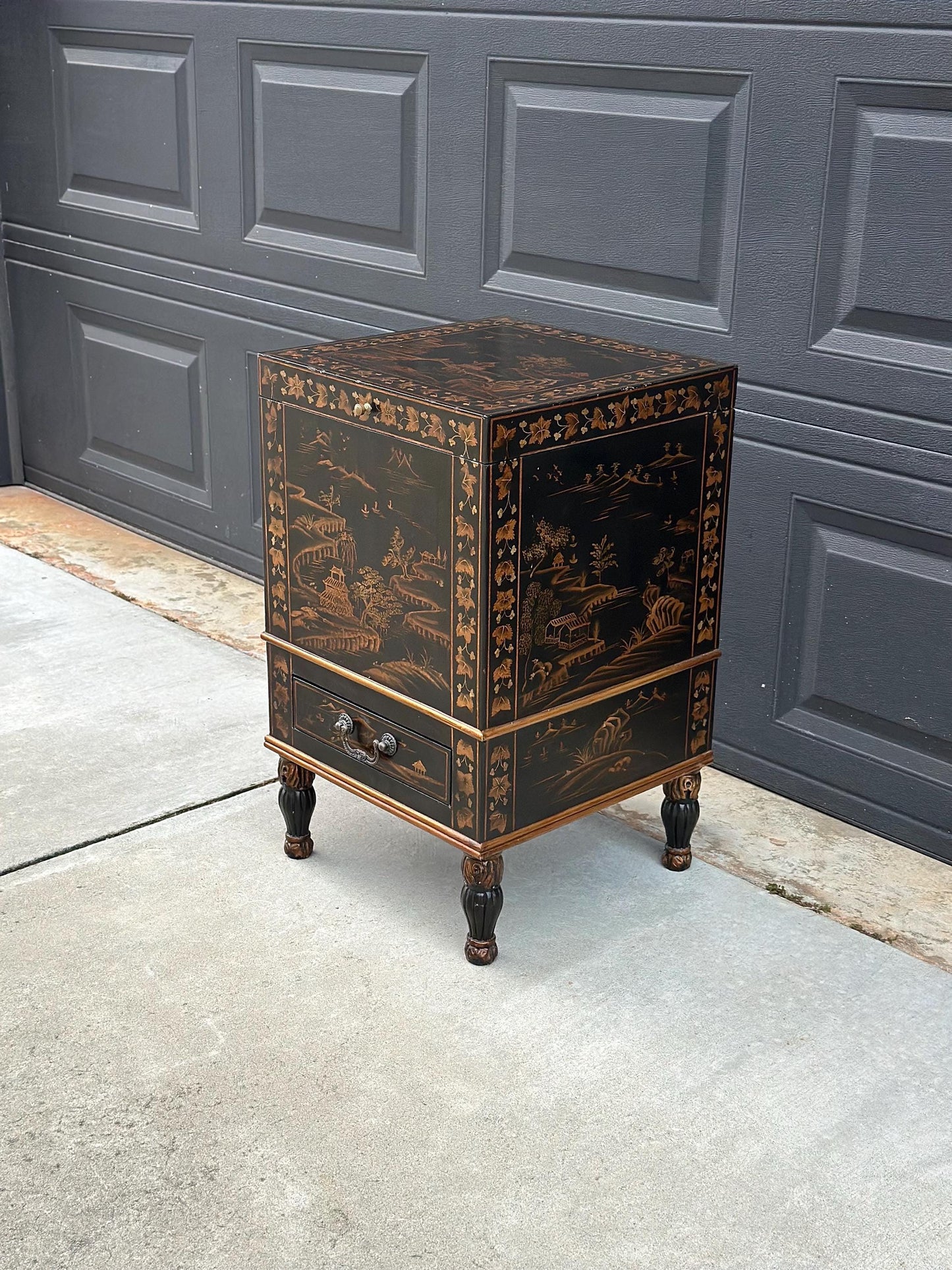 Antique Mid 1900's Oriental Black & Gold Hand Painted Lift Top Table with Drawer