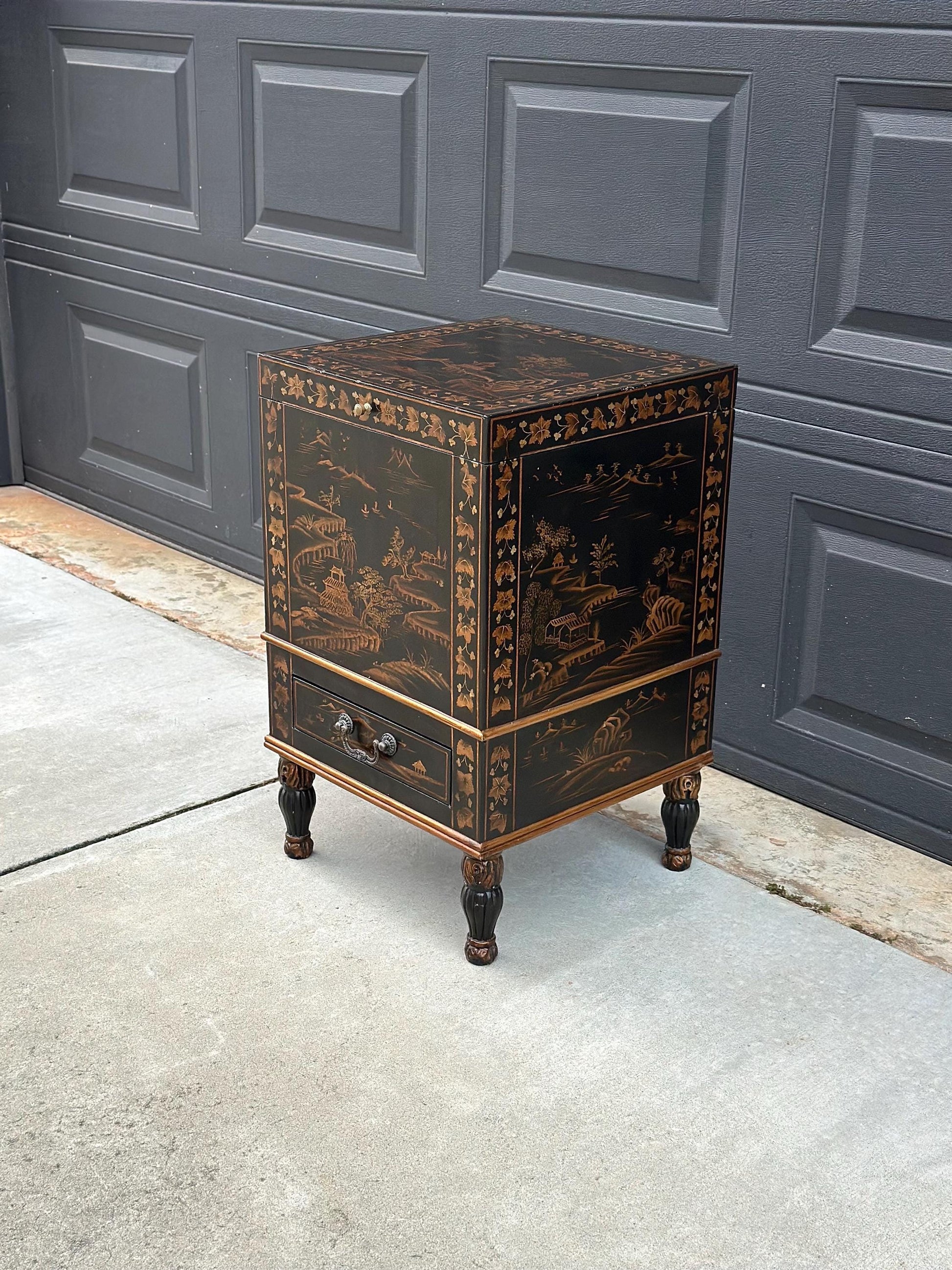 Antique Mid 1900's Oriental Black & Gold Hand Painted Lift Top Table with Drawer