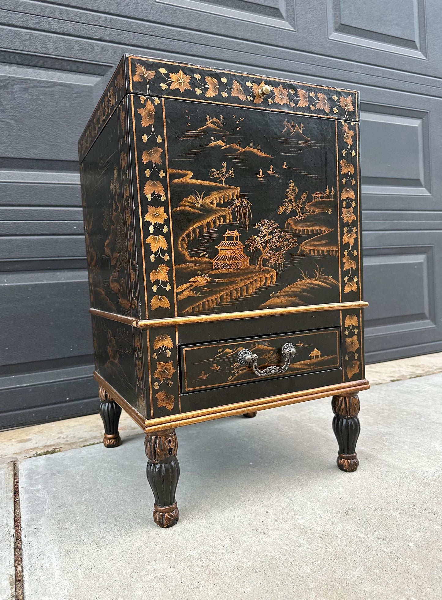 Antique Mid 1900's Oriental Black & Gold Hand Painted Lift Top Table with Drawer