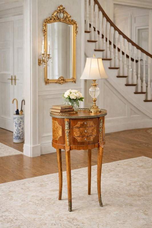 Antique Late 1800's French Banded Walnut Burlwood Cast Brass Side Table