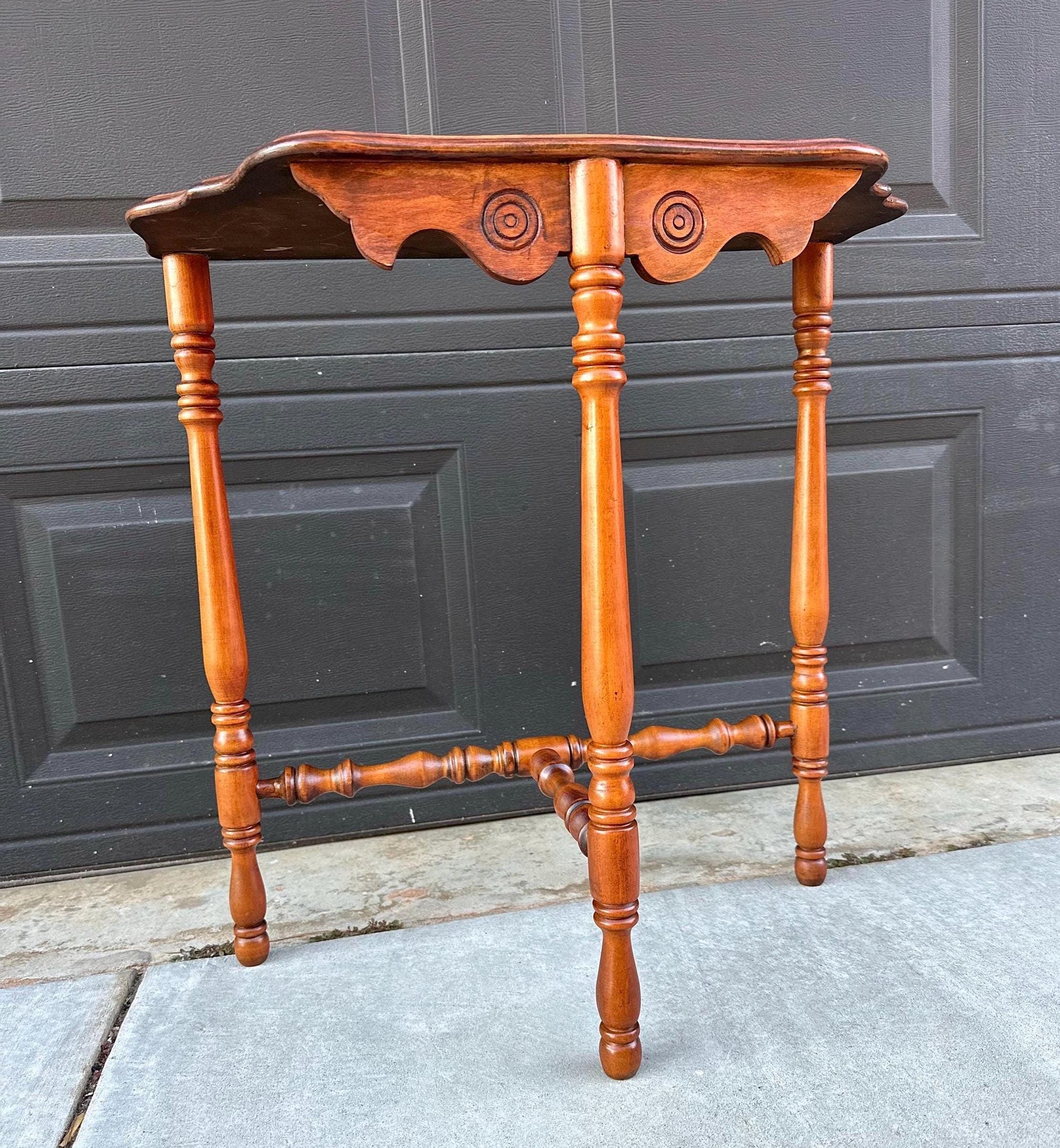 Antique Late 1800's Cherry & Maple Solid Wood Half Moon Side Table