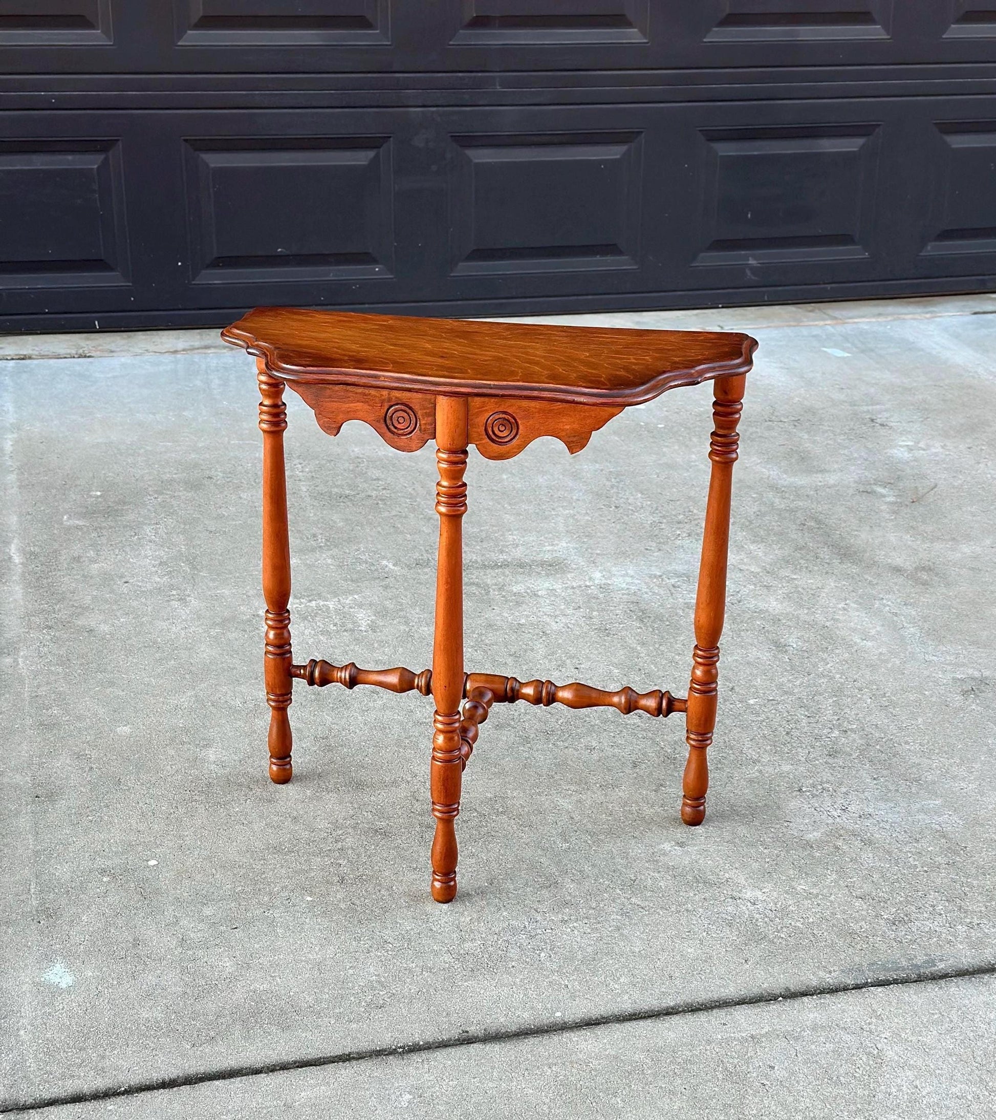Antique Late 1800's Cherry & Maple Solid Wood Half Moon Side Table
