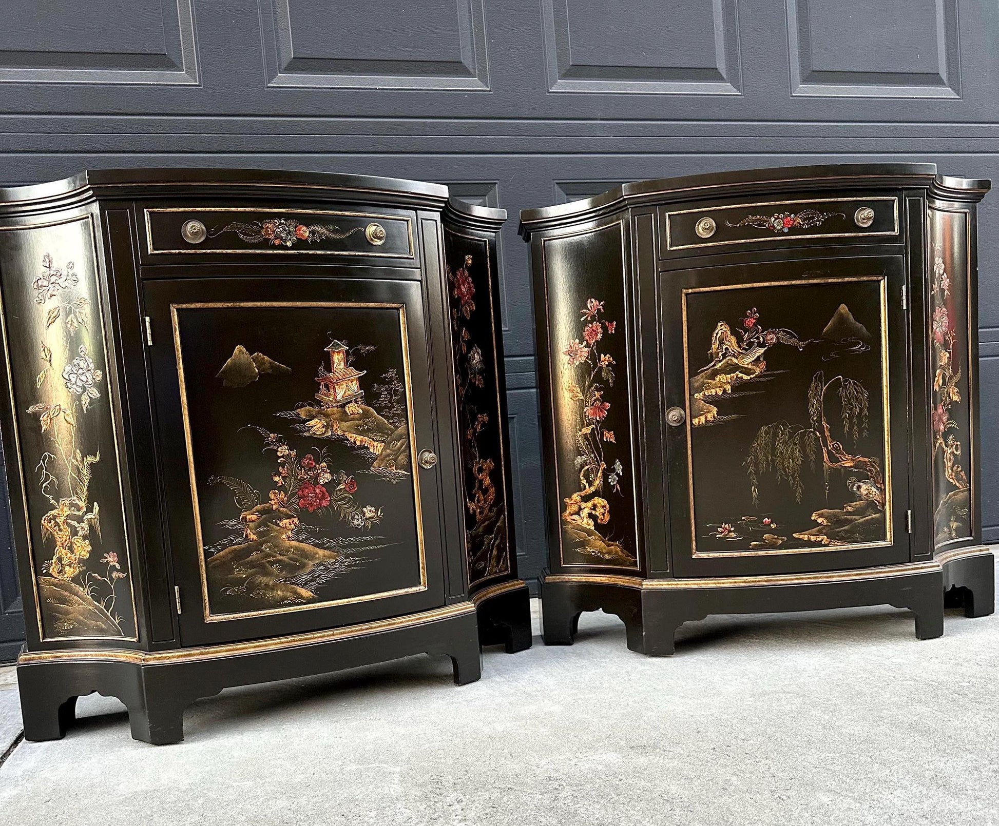 Vintage Mid 1900's Oriental Black & Gold Demilune Narrow Hand Painted Accent Cabinets - a Pair