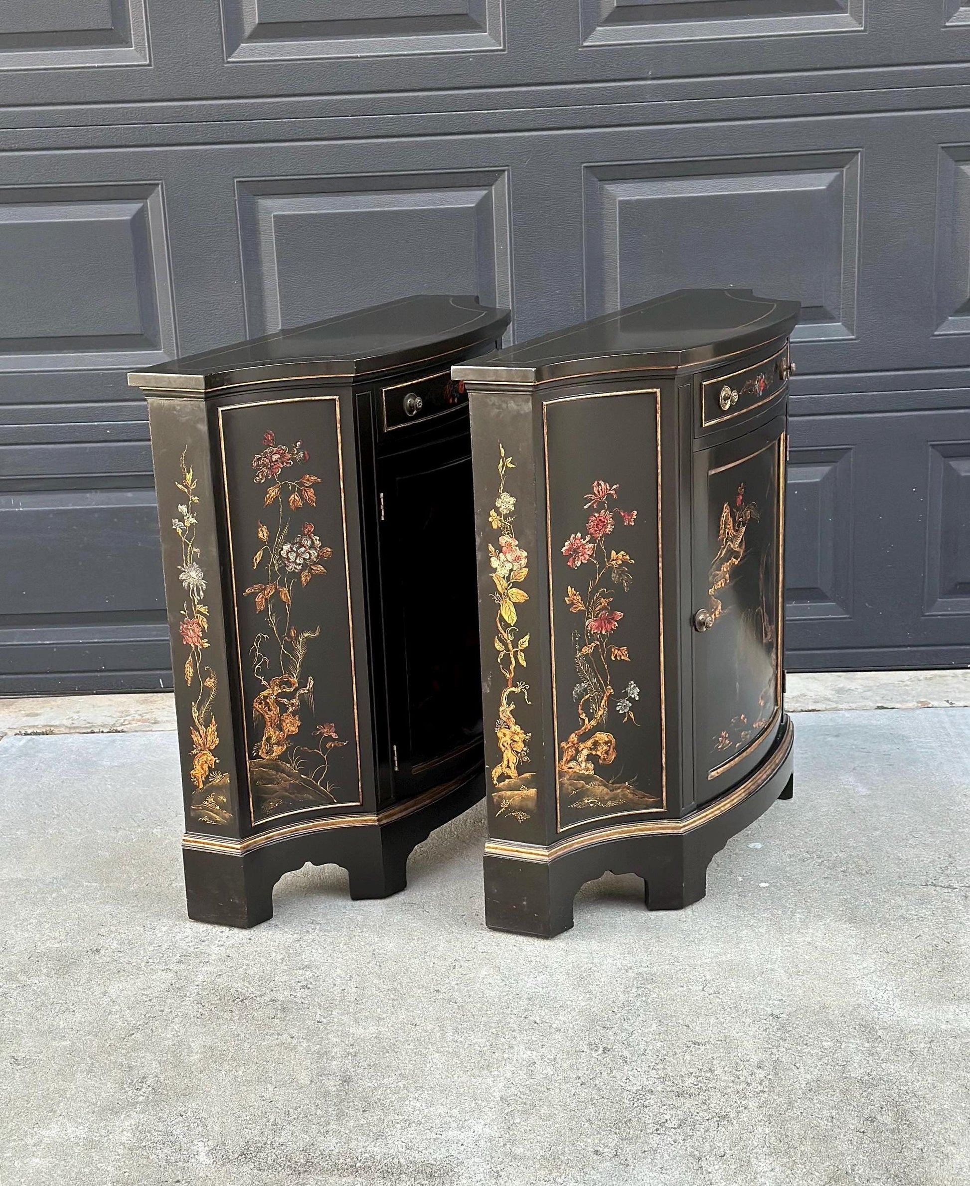 Vintage Mid 1900's Oriental Black & Gold Demilune Narrow Hand Painted Accent Cabinets - a Pair