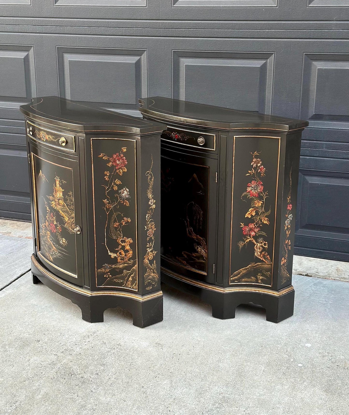 Vintage Mid 1900's Oriental Black & Gold Demilune Narrow Hand Painted Accent Cabinets - a Pair
