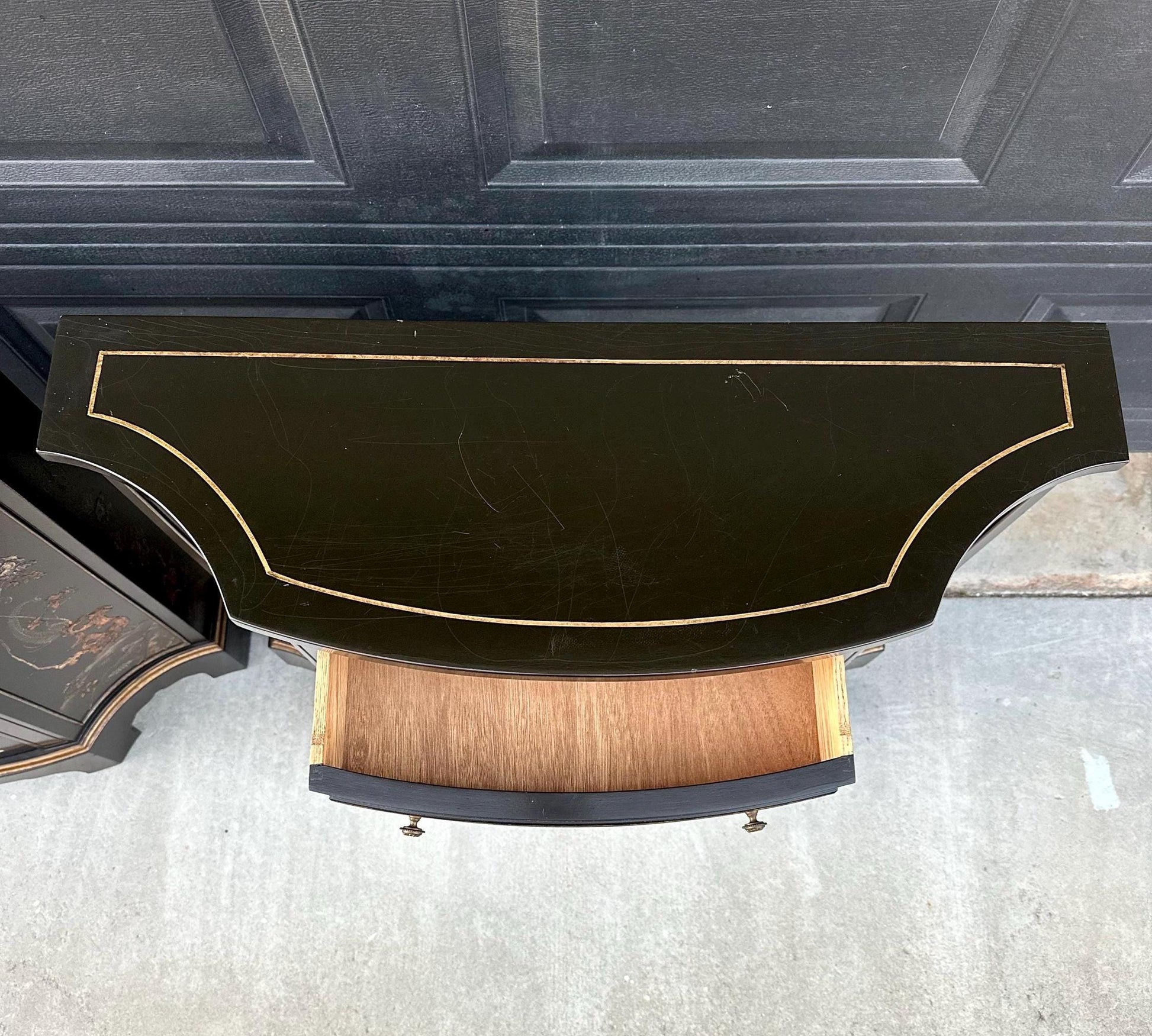 Vintage Mid 1900's Oriental Black & Gold Demilune Narrow Hand Painted Accent Cabinets - a Pair